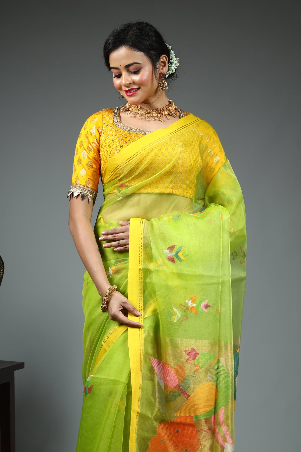 Parrot Green Pure Muslin Saree