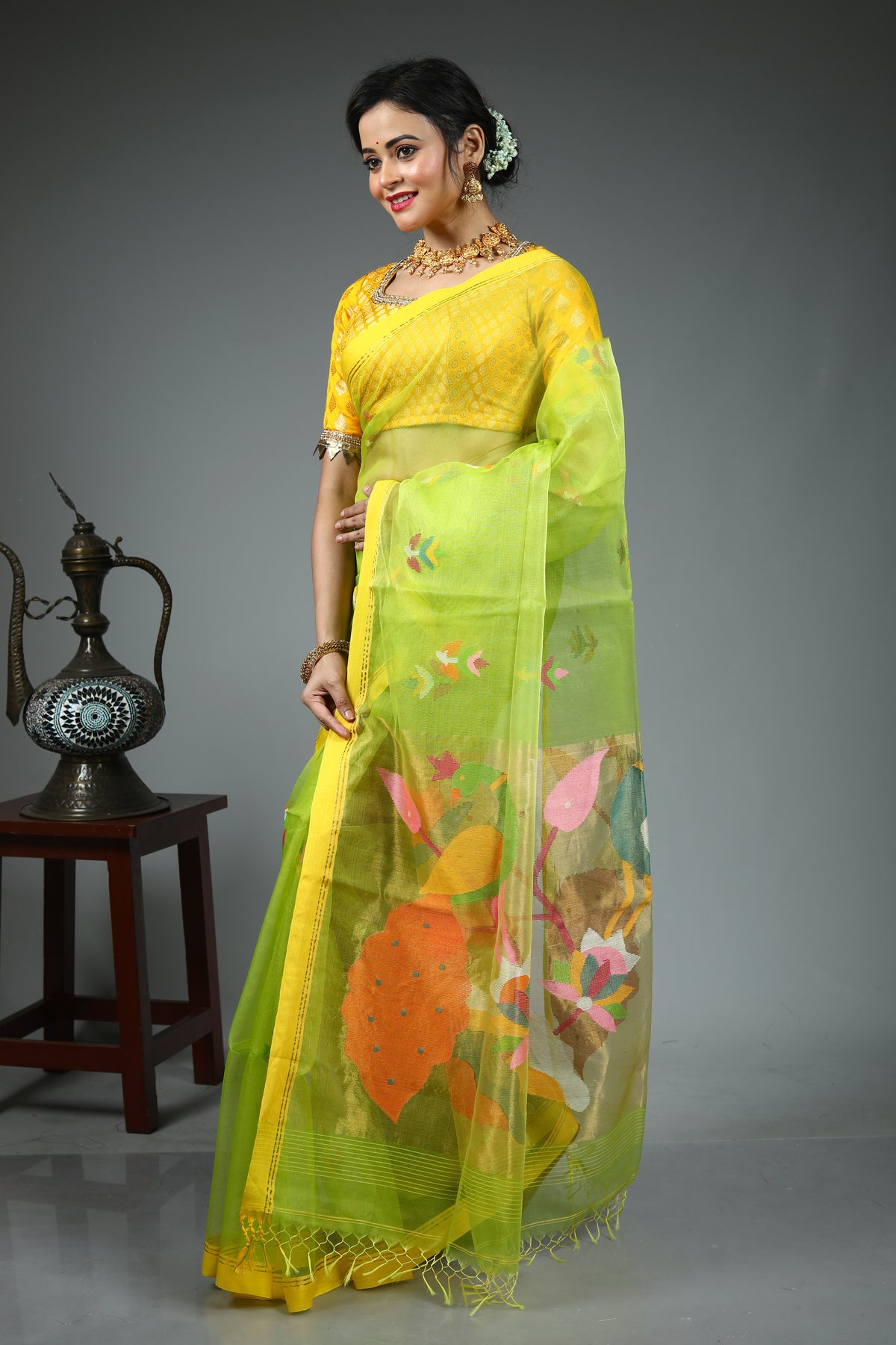 Parrot Green Pure Muslin Saree