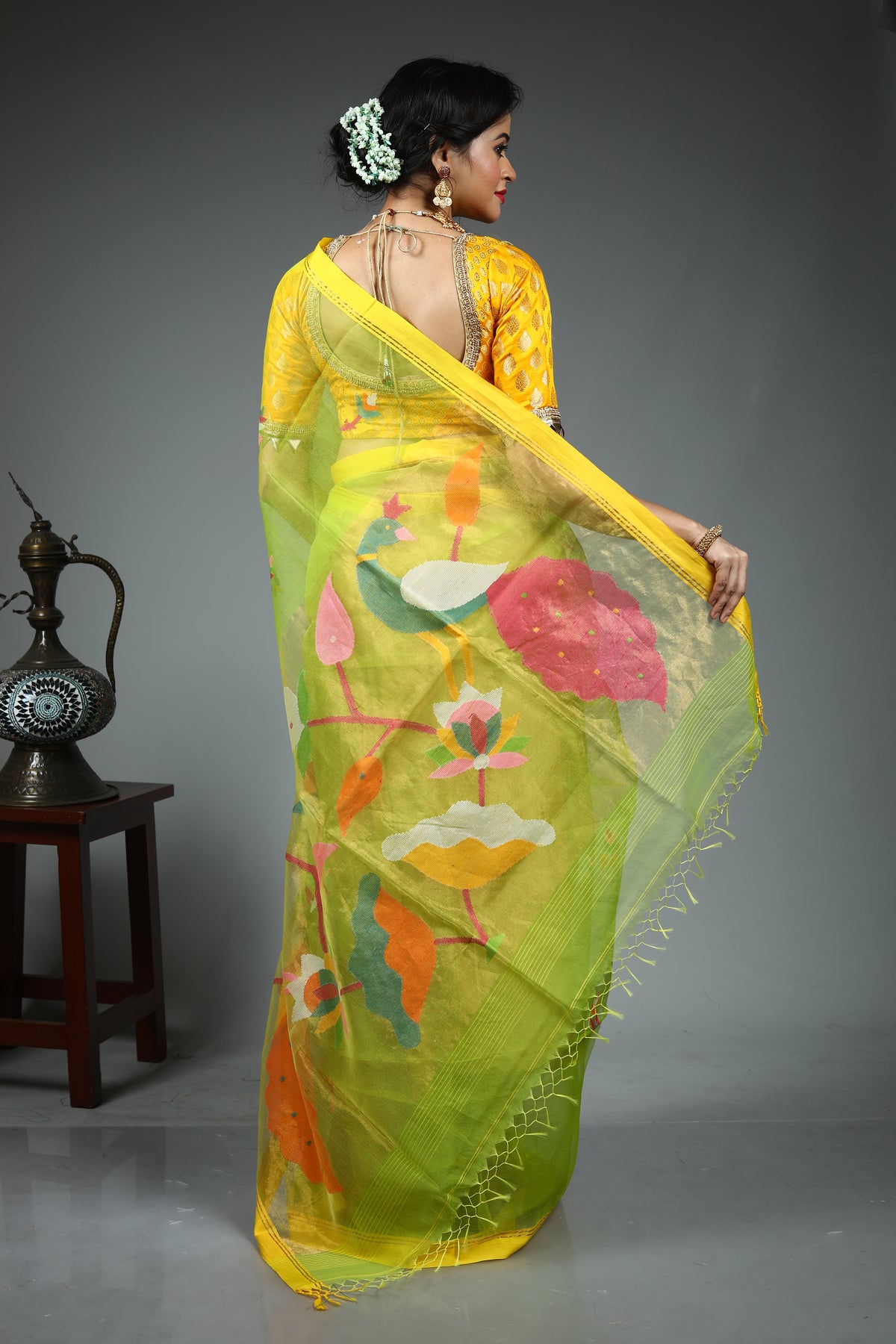 Parrot Green Pure Muslin Saree