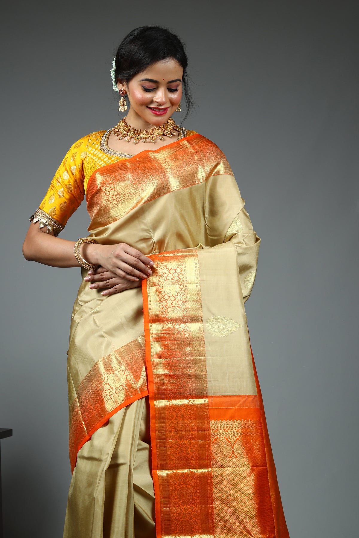 Beige Pure Kanjivaram Silk Saree