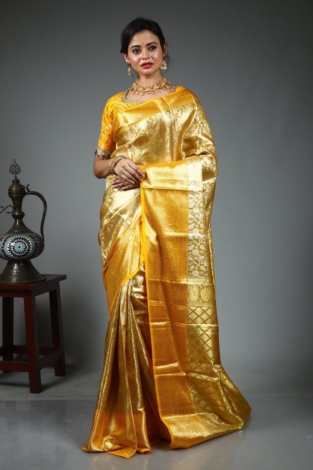 Mustard Pure Tissue Kanjivaram Silk Saree
