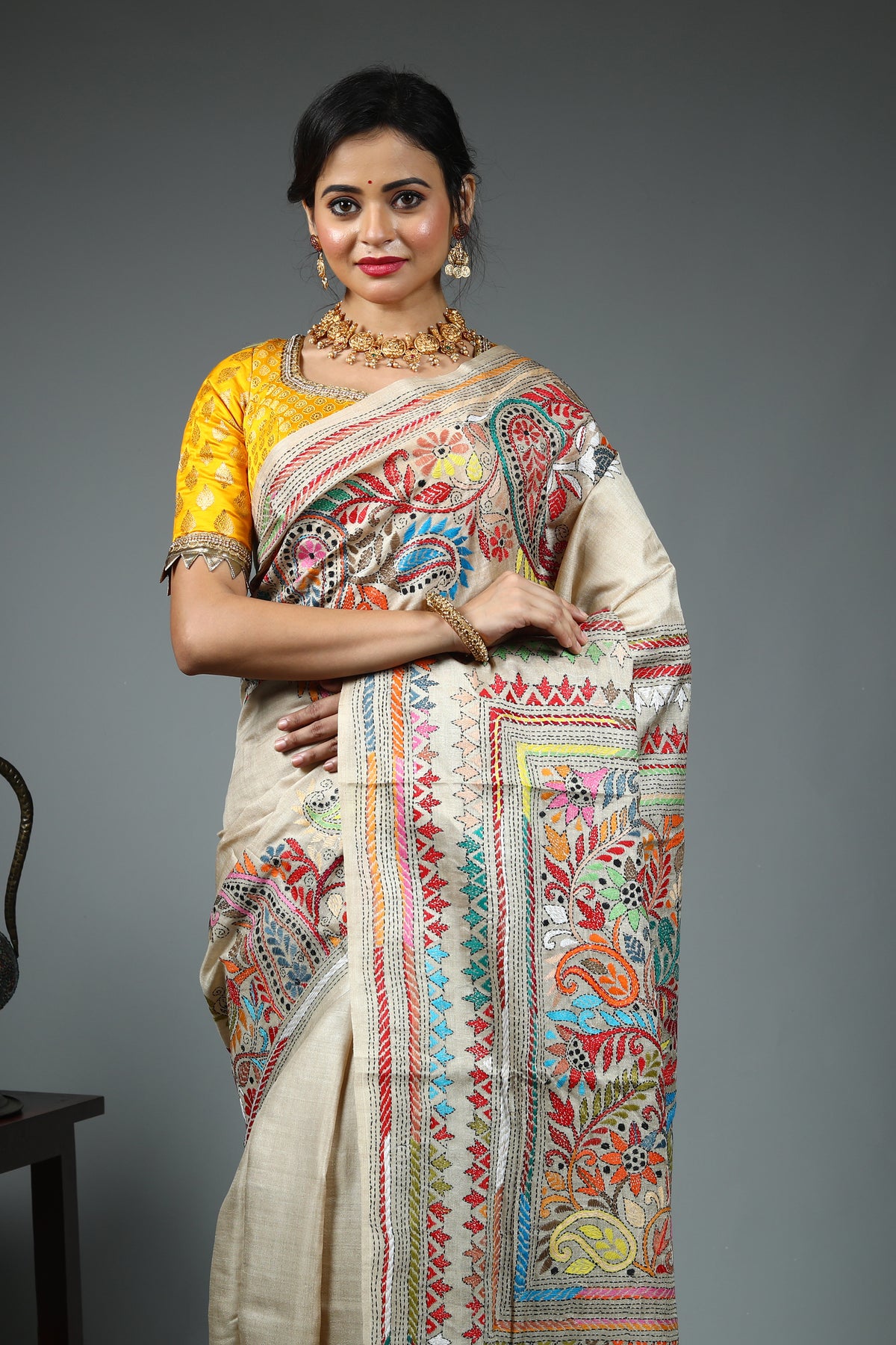 Beige Pure Tussar Kantha Stitch Saree