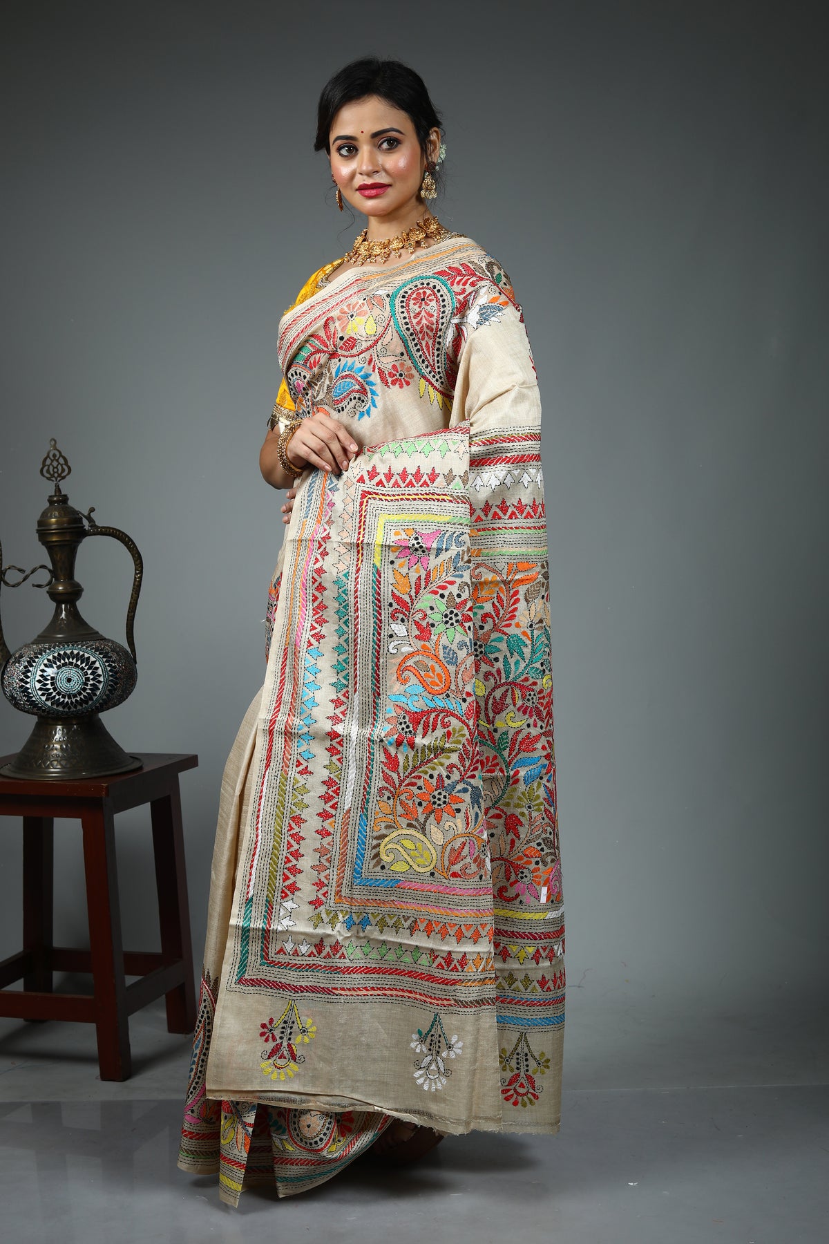 Beige Pure Tussar Kantha Stitch Saree