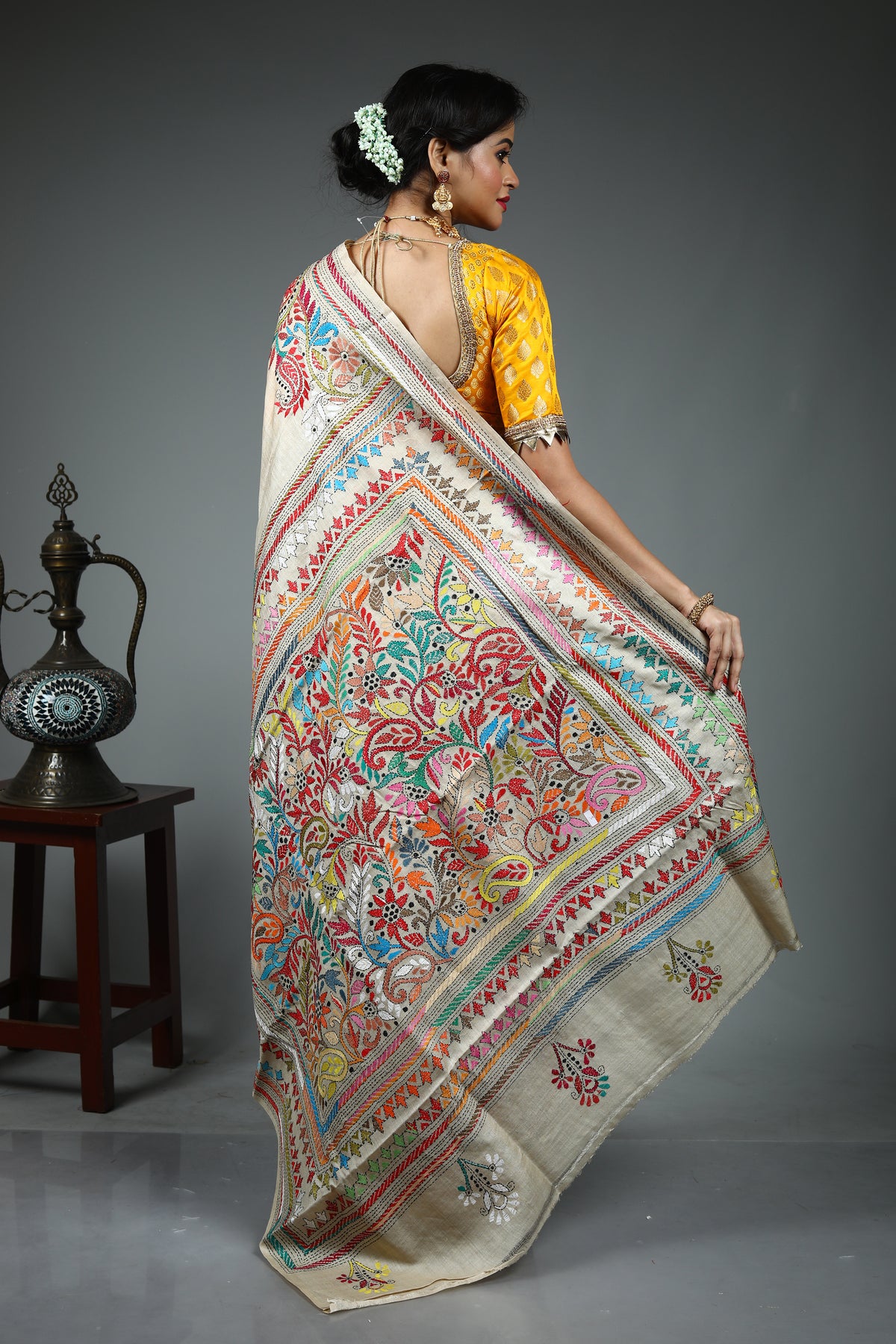 Beige Pure Tussar Kantha Stitch Saree