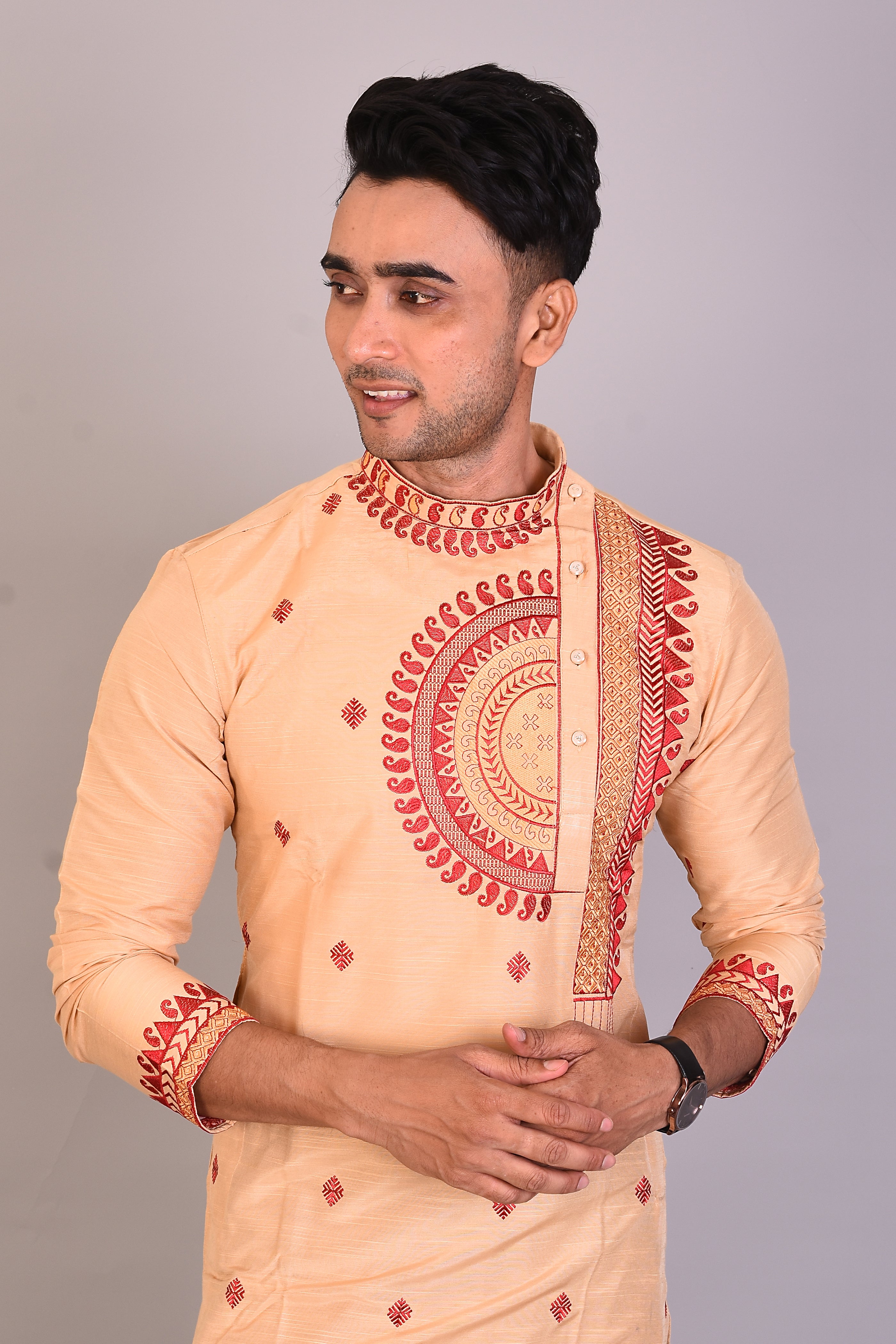 Long Cream Raw Silk Kurta with Full Sleeves - Keya Seth Exclusive