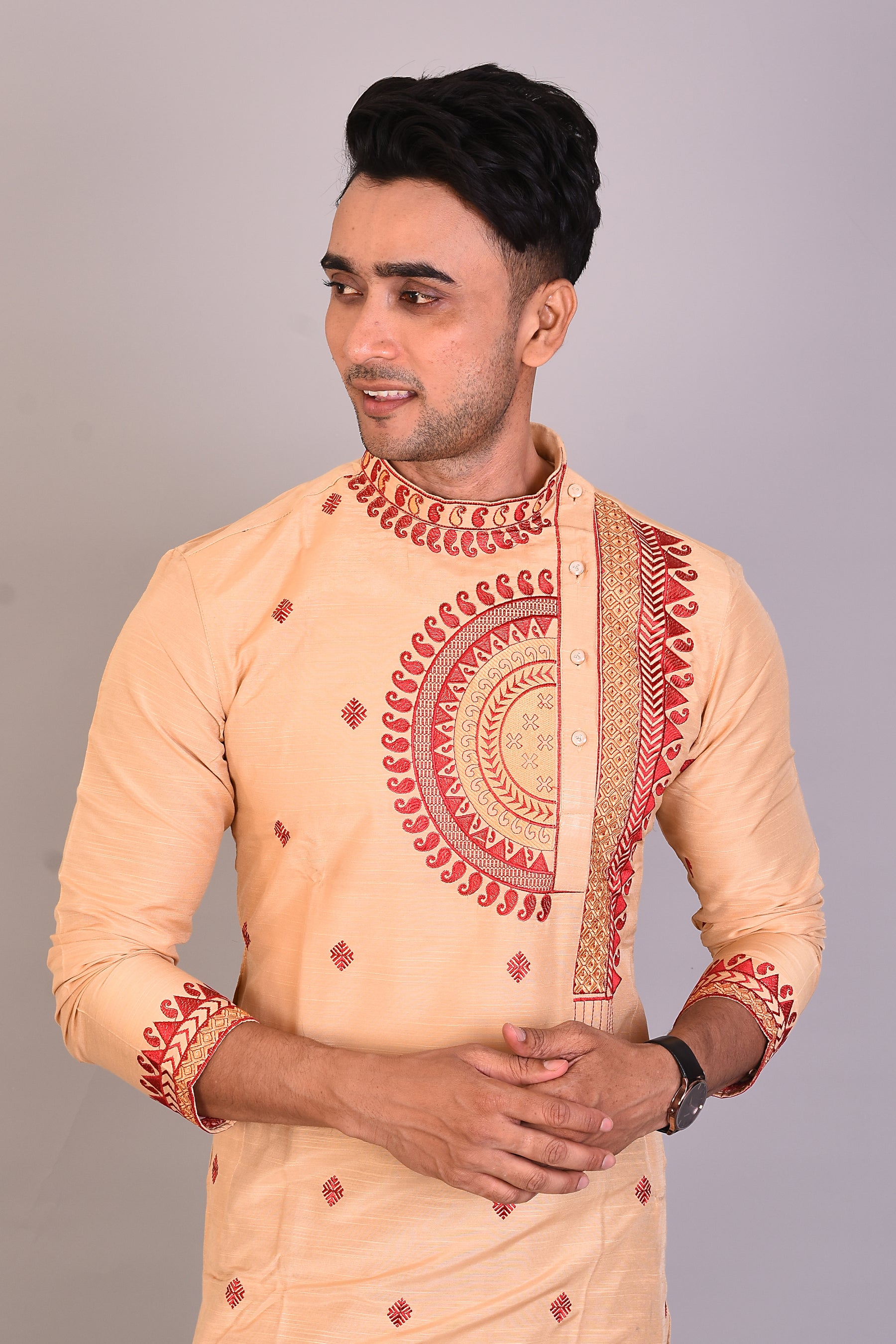 Long Cream Raw Silk Kurta with Full Sleeves - Keya Seth Exclusive