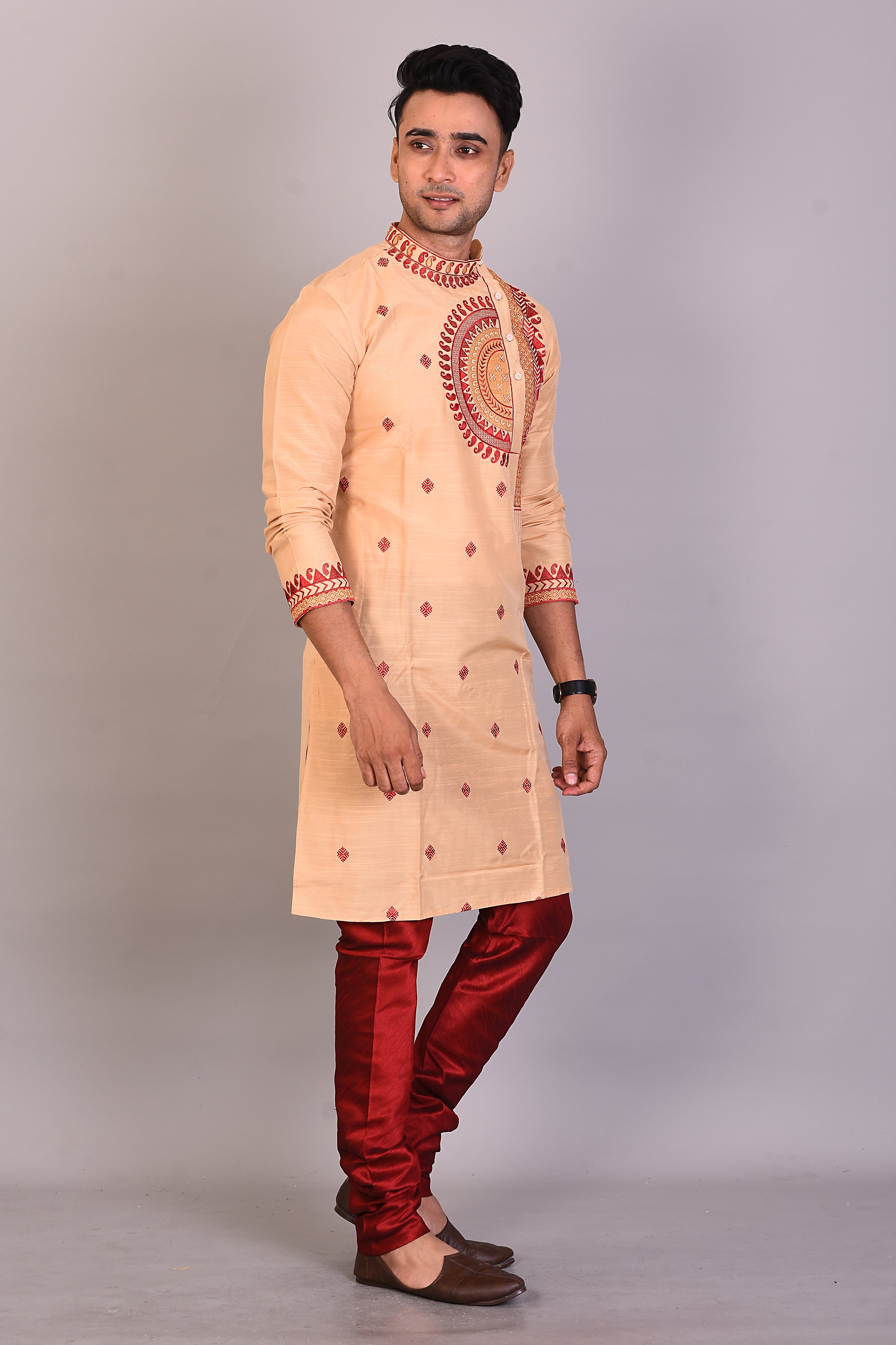 Long Cream Raw Silk Kurta with Full Sleeves - Keya Seth Exclusive
