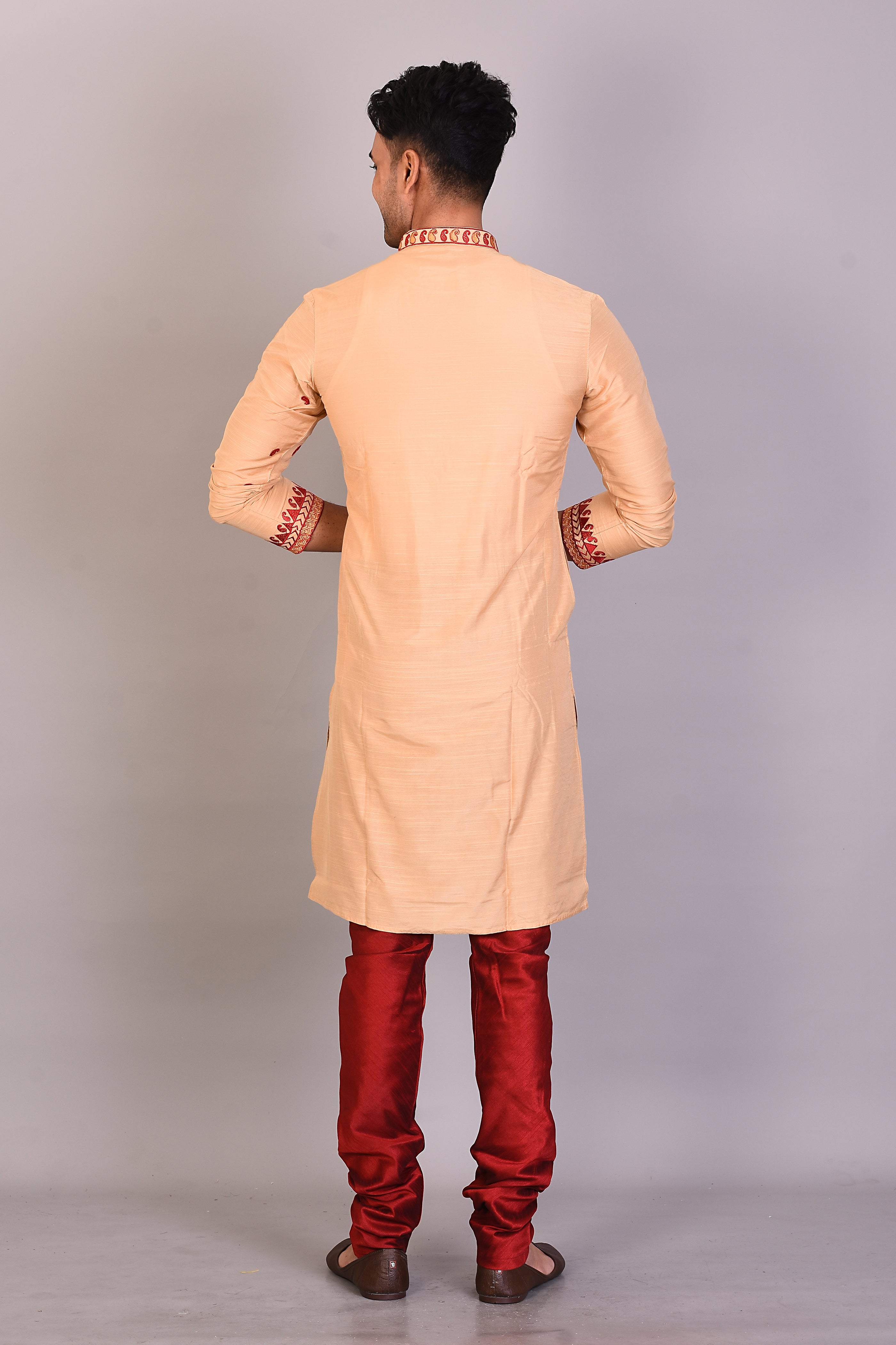 Long Cream Raw Silk Kurta with Full Sleeves - Keya Seth Exclusive