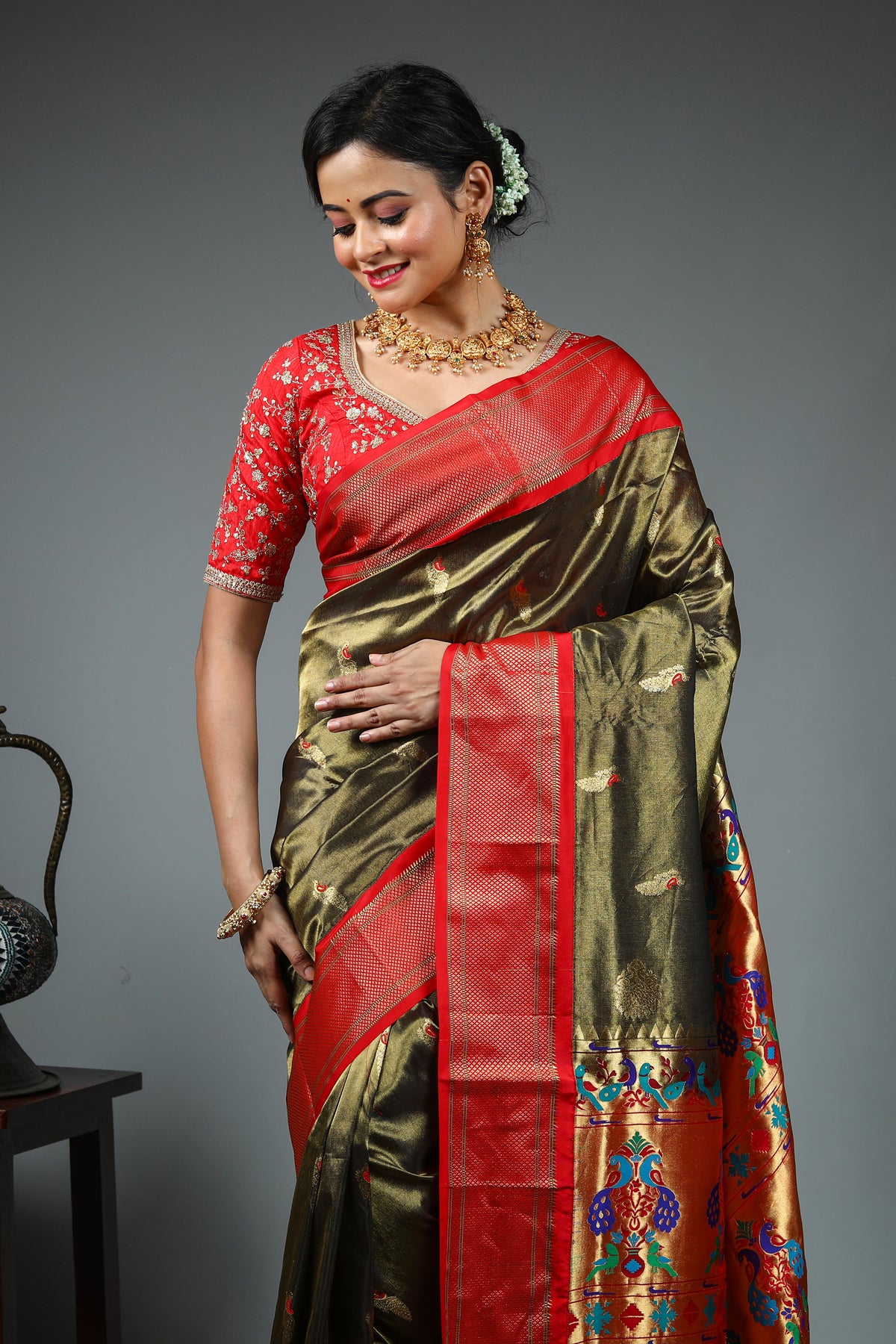 Dual Tone Olive Green Pure Katan Saree