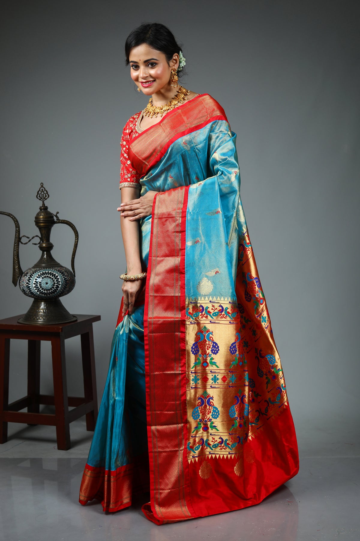 Dual Tone Blue Katan Saree