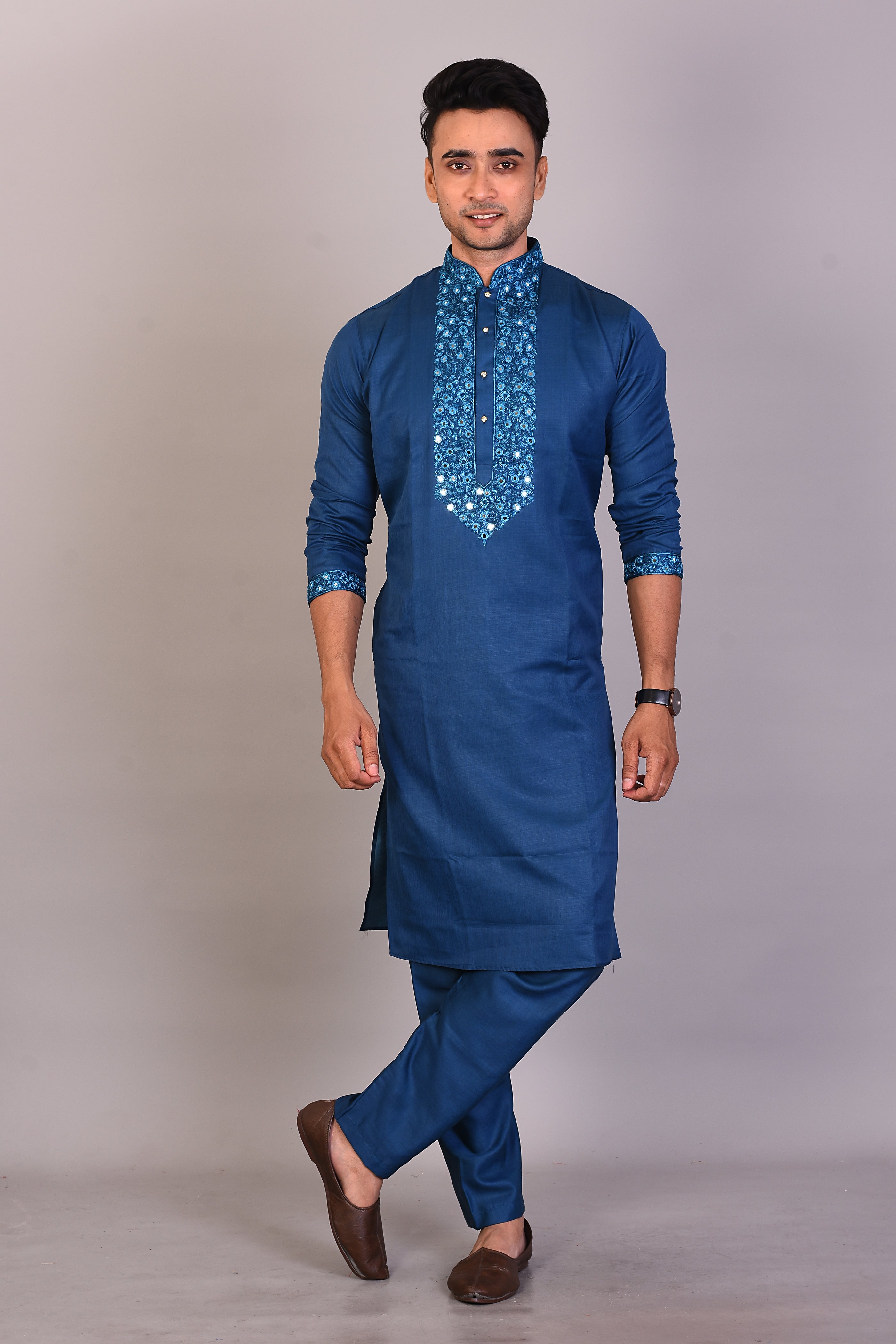 Long Blue Silk Kurta with Full Sleeves - Keya Seth Exclusive
