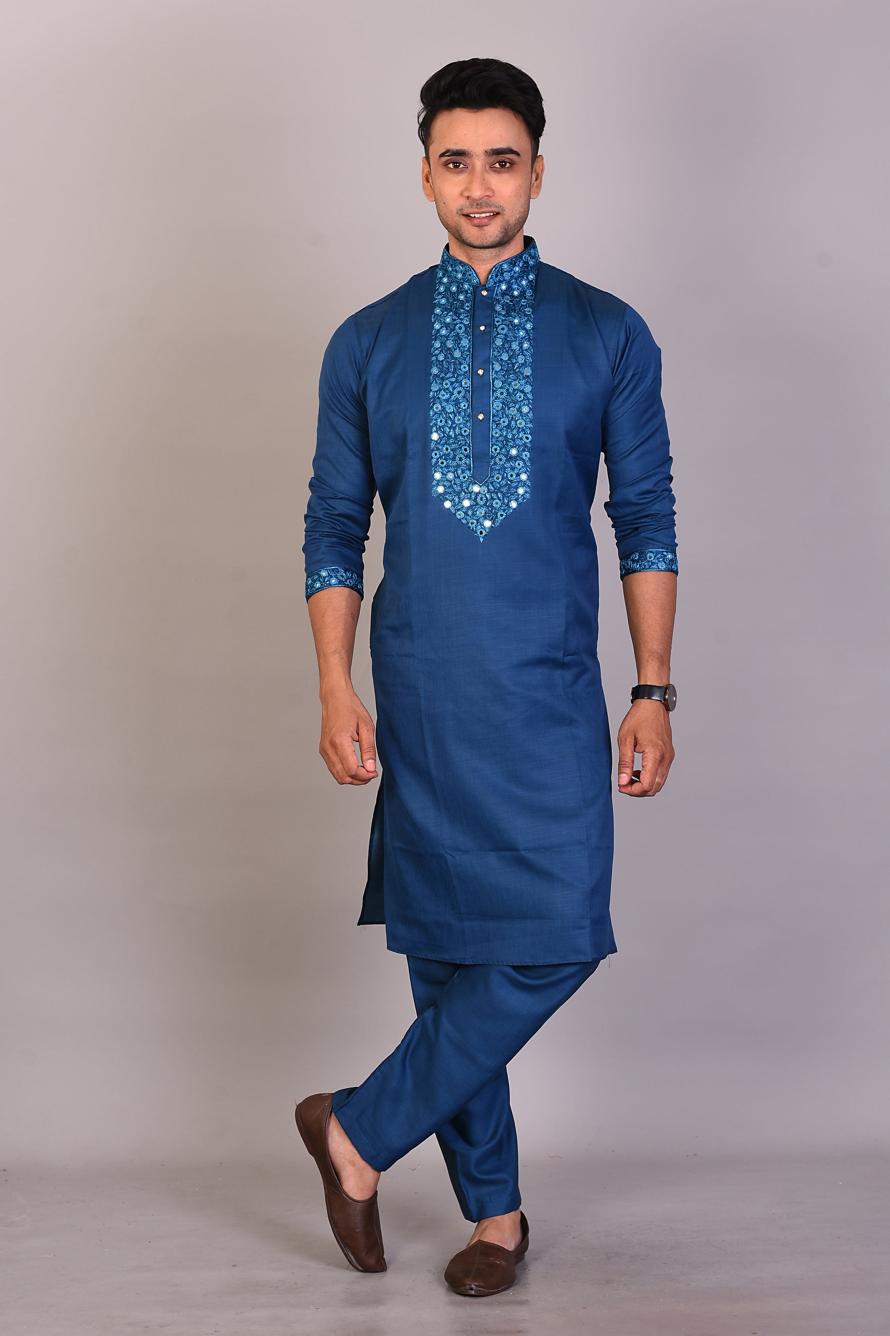 Long Blue Silk Kurta with Full Sleeves - Keya Seth Exclusive