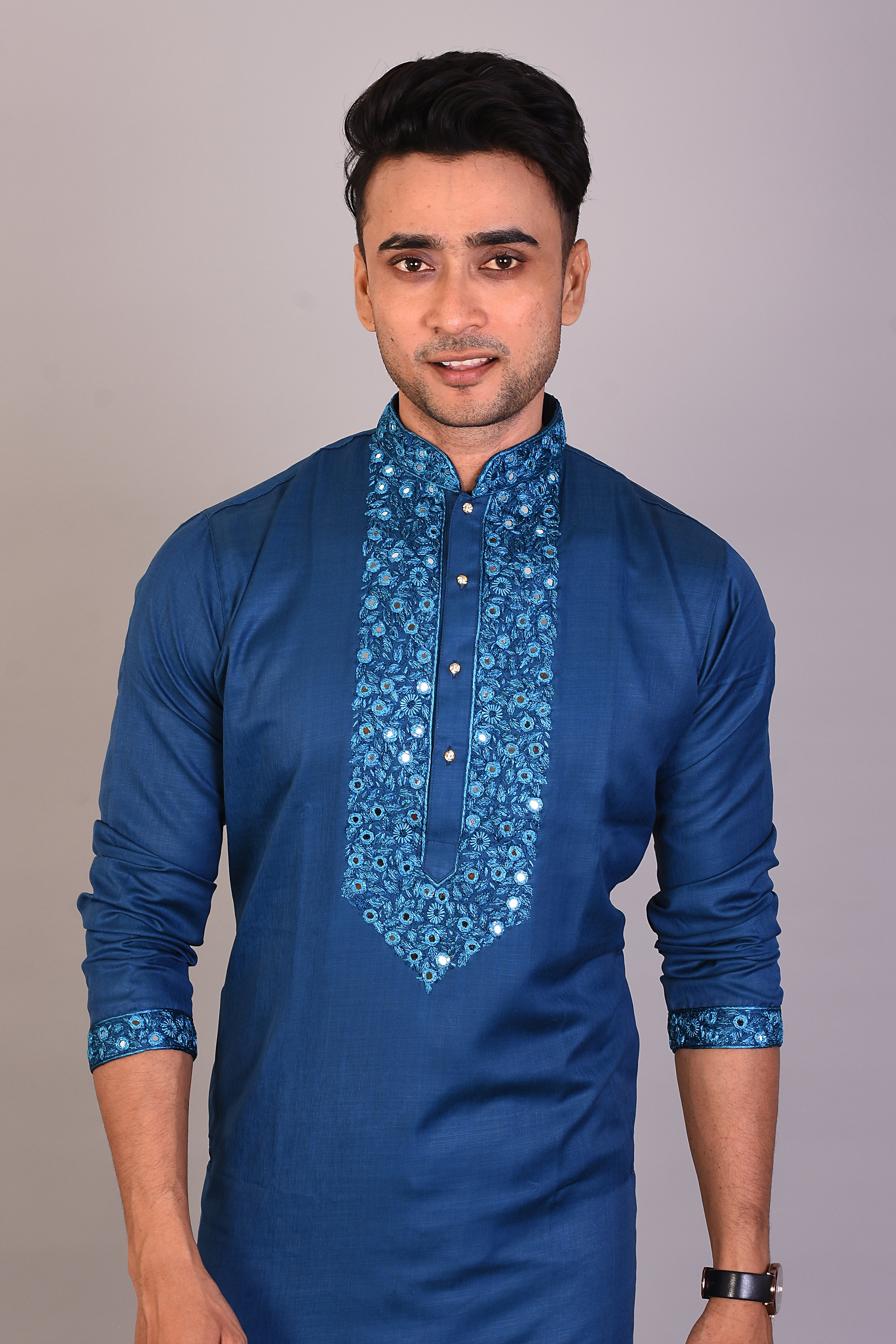 Long Blue Silk Kurta with Full Sleeves - Keya Seth Exclusive