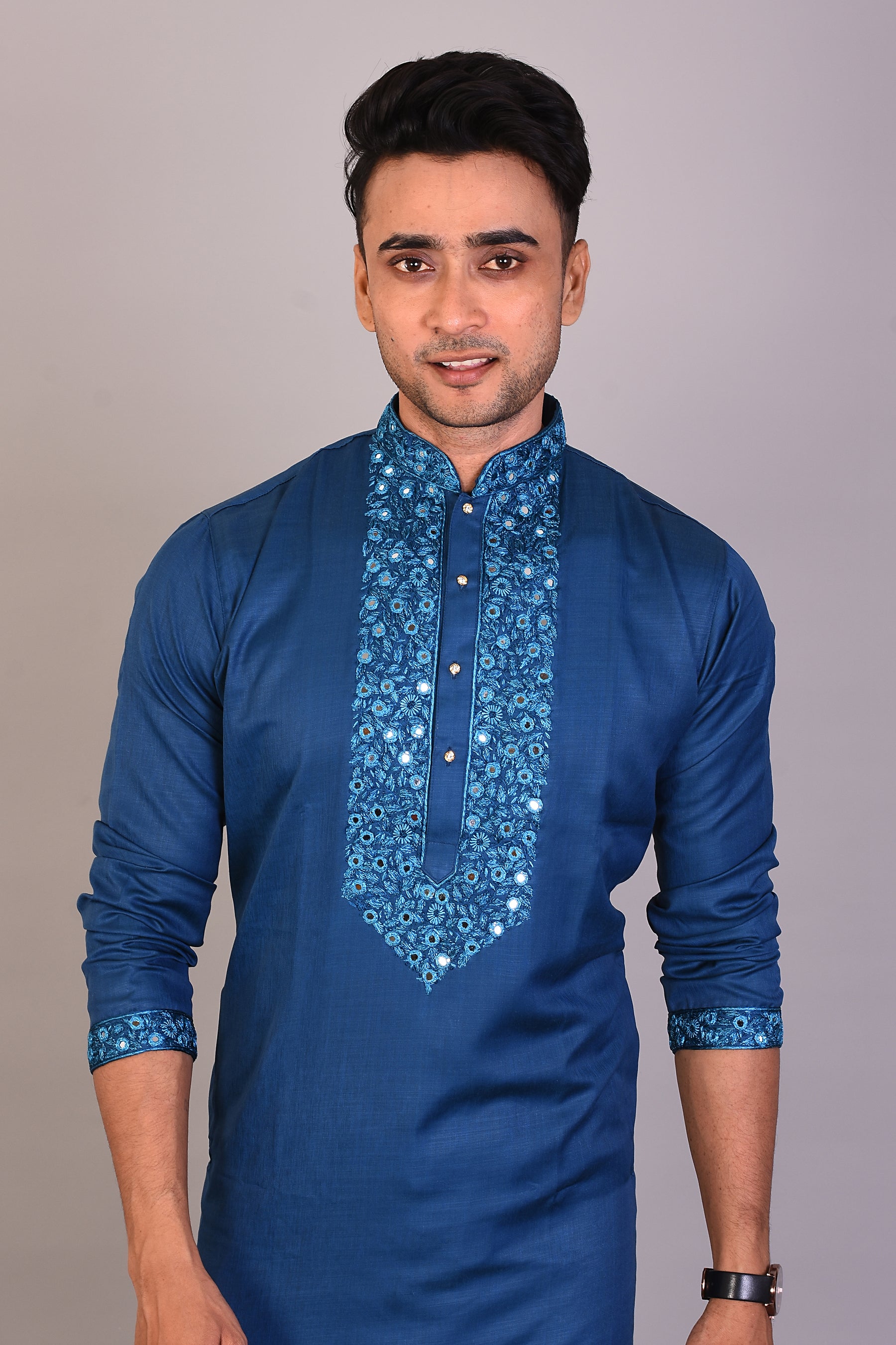 Long Blue Silk Kurta with Full Sleeves - Keya Seth Exclusive