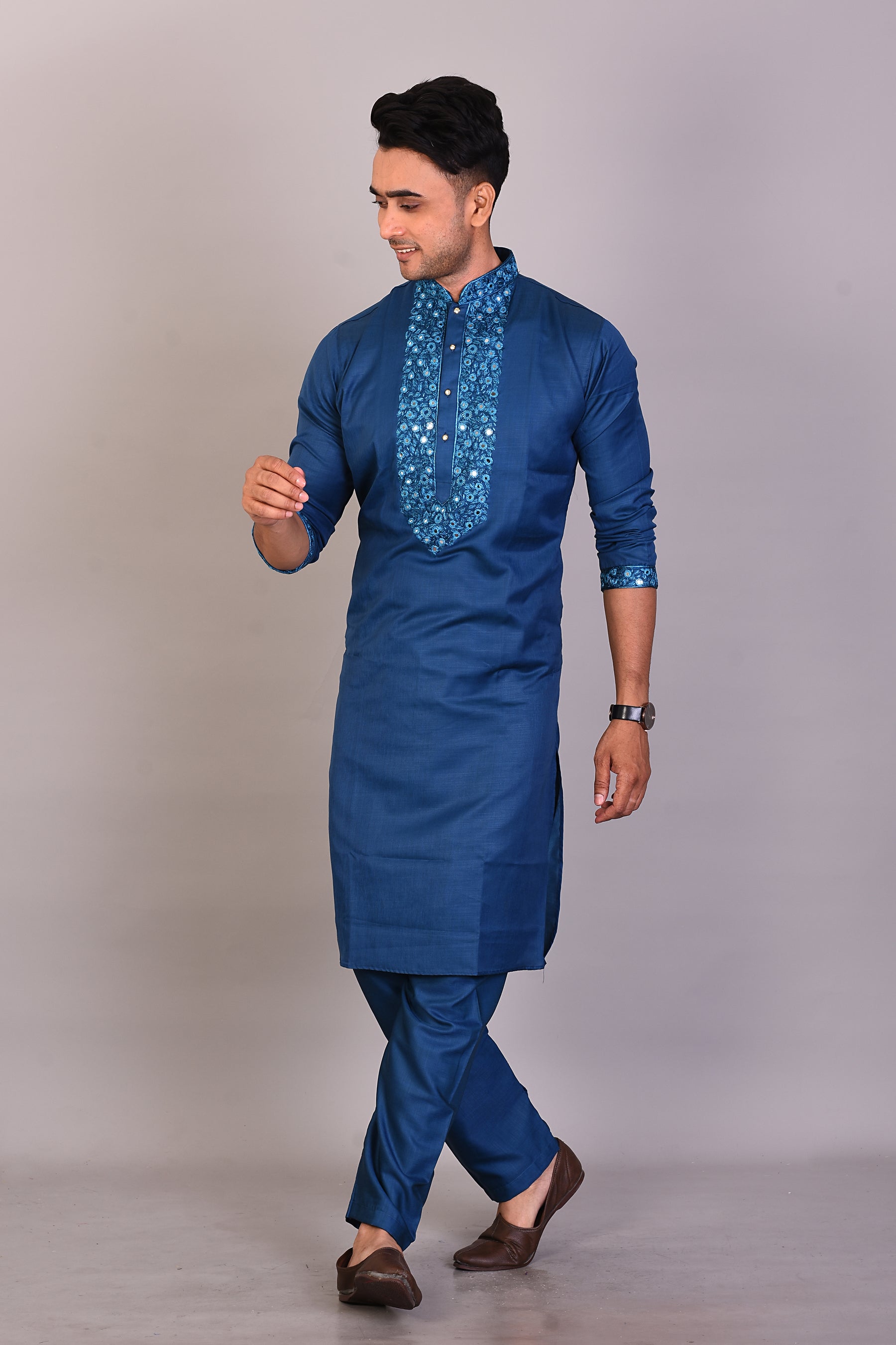 Long Blue Silk Kurta with Full Sleeves - Keya Seth Exclusive