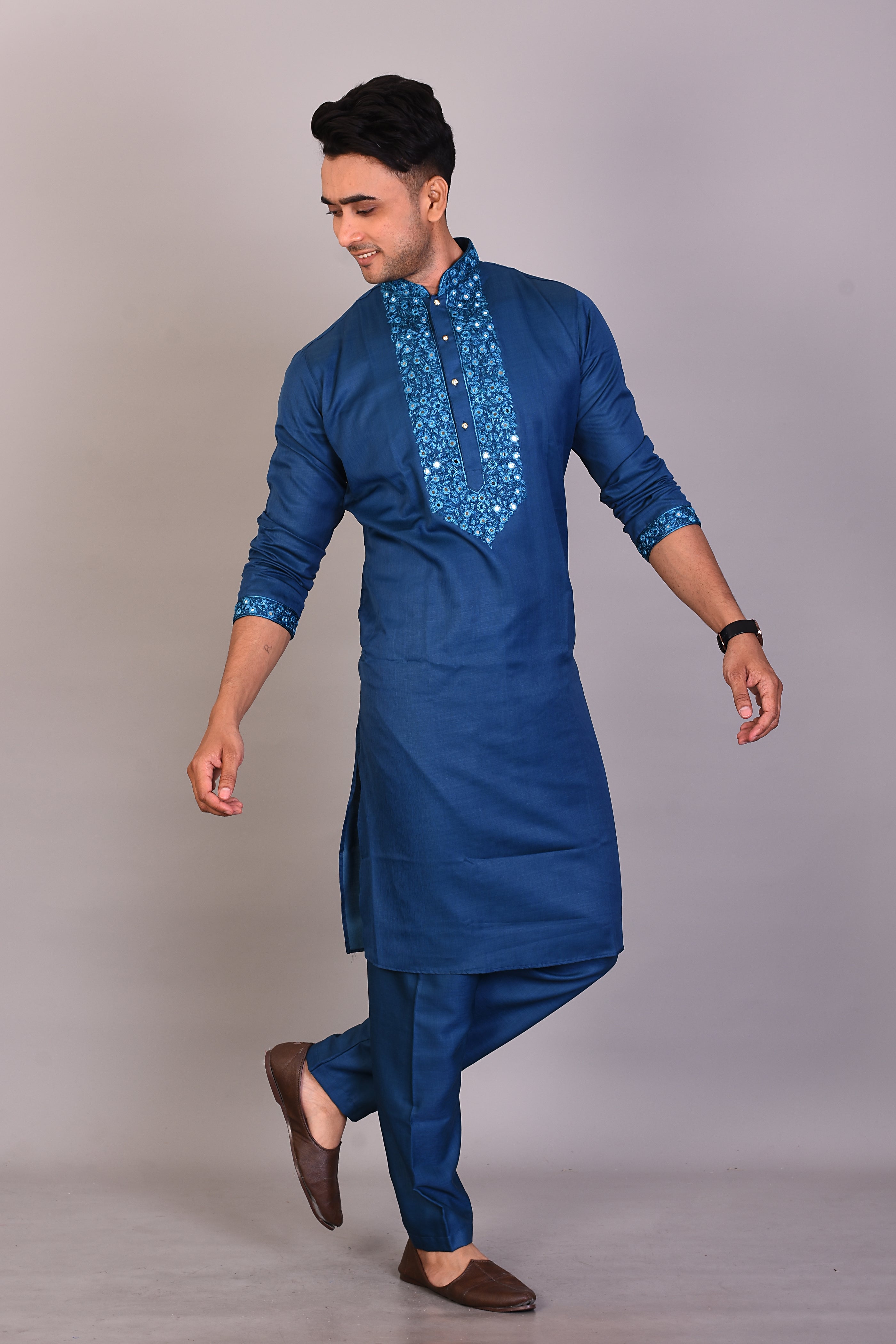 Long Blue Silk Kurta with Full Sleeves - Keya Seth Exclusive