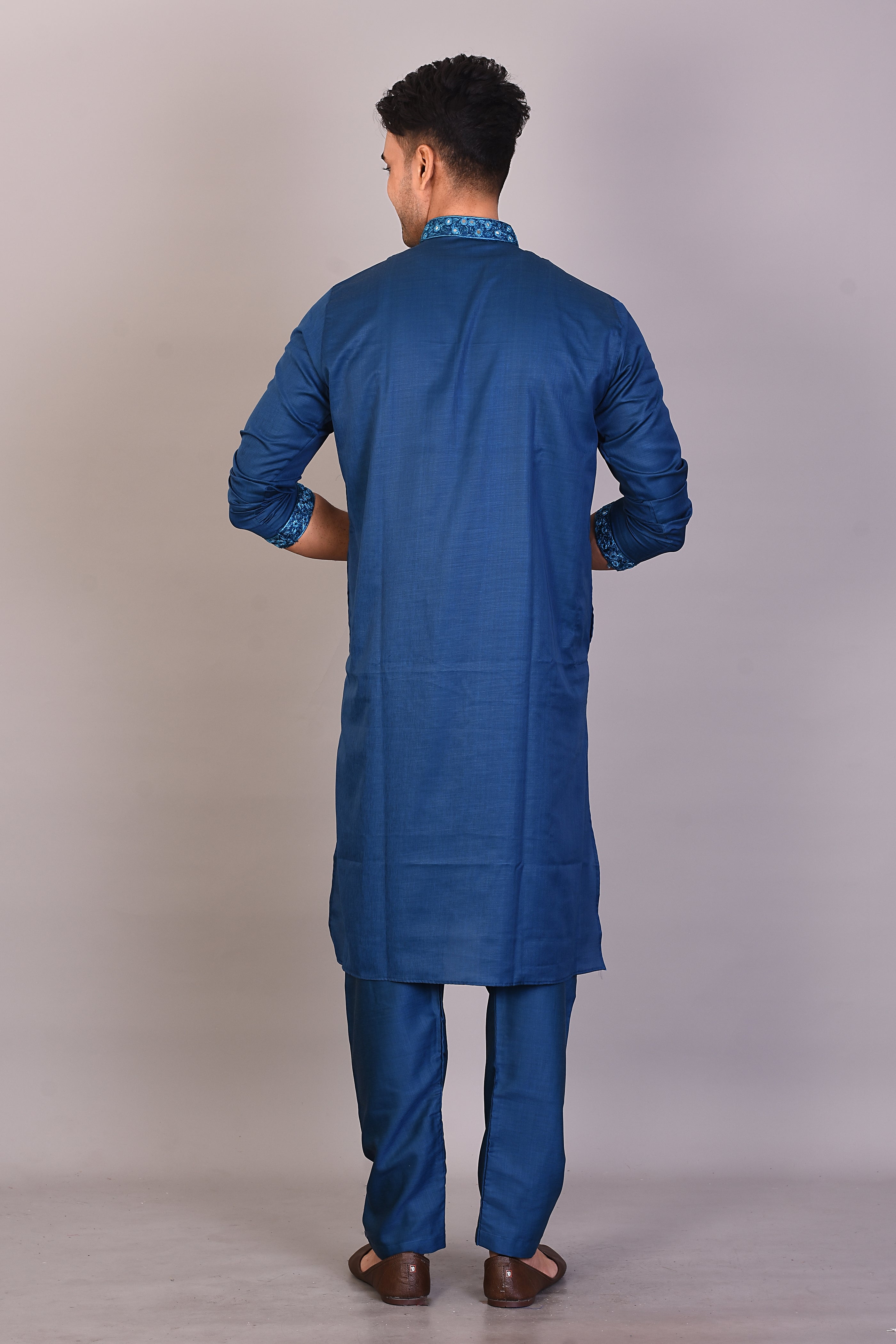 Long Blue Silk Kurta with Full Sleeves - Keya Seth Exclusive