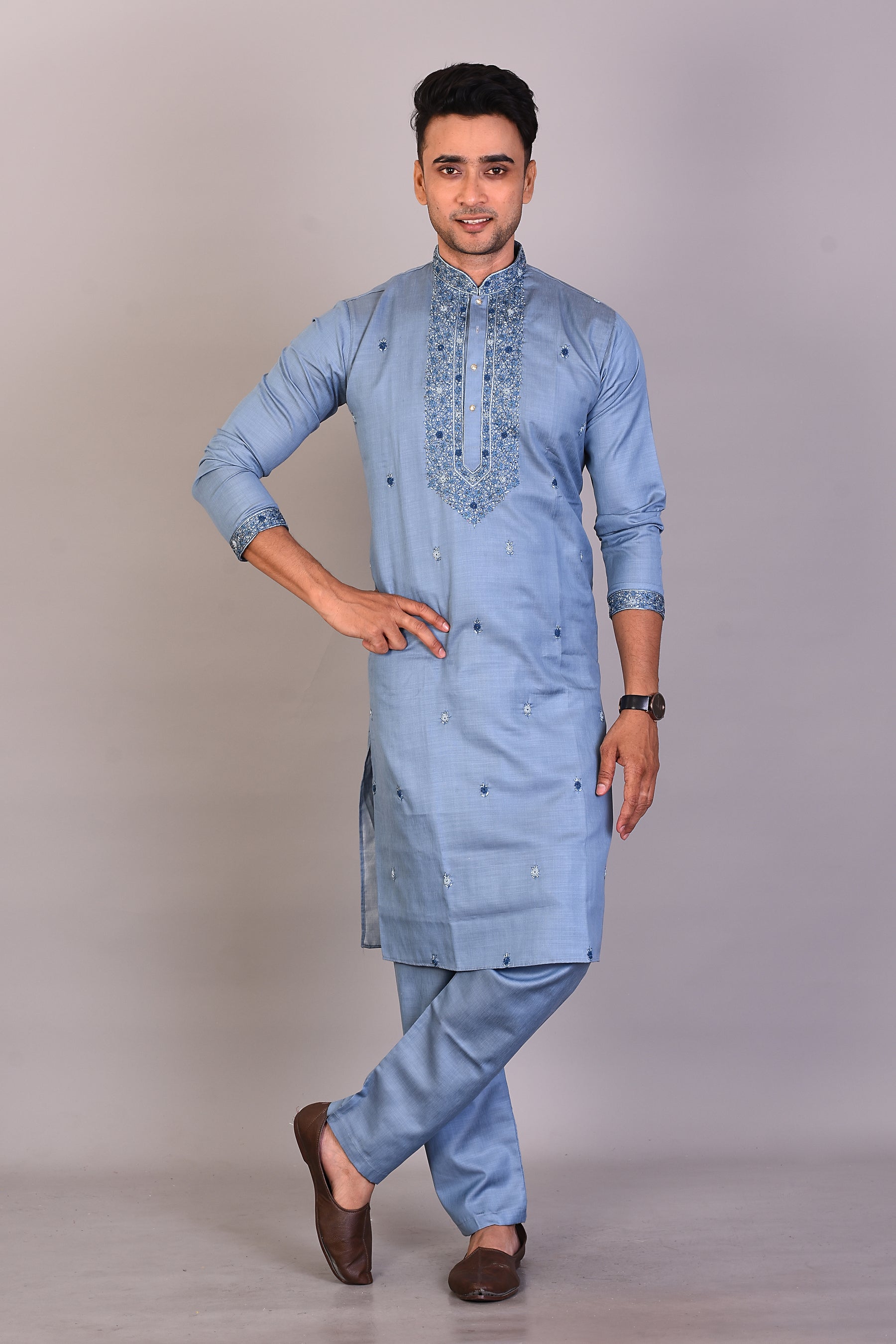 Long Light Blue Silk Kurta with Full Sleeves - Keya Seth Exclusive