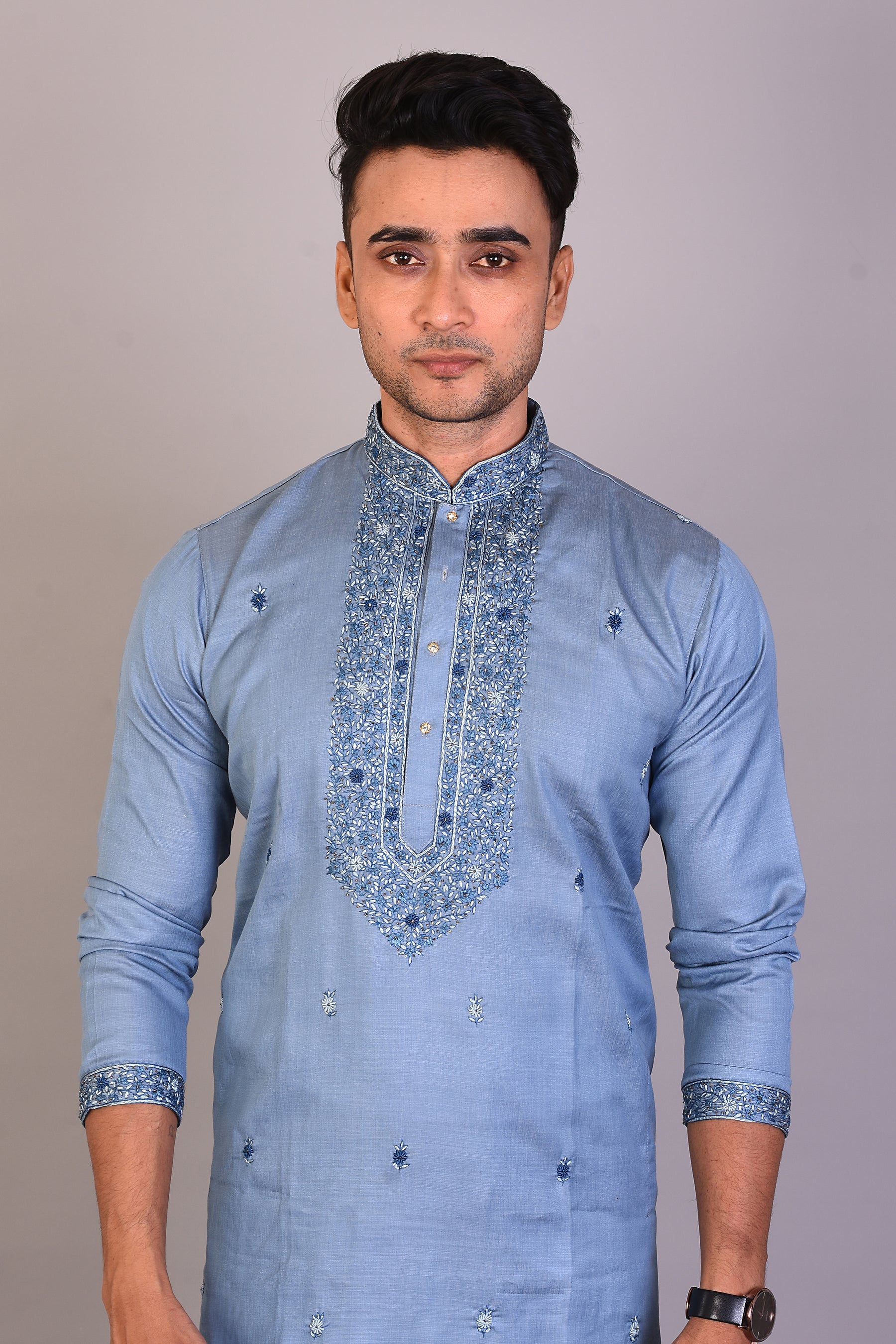 Long Light Blue Silk Kurta with Full Sleeves - Keya Seth Exclusive