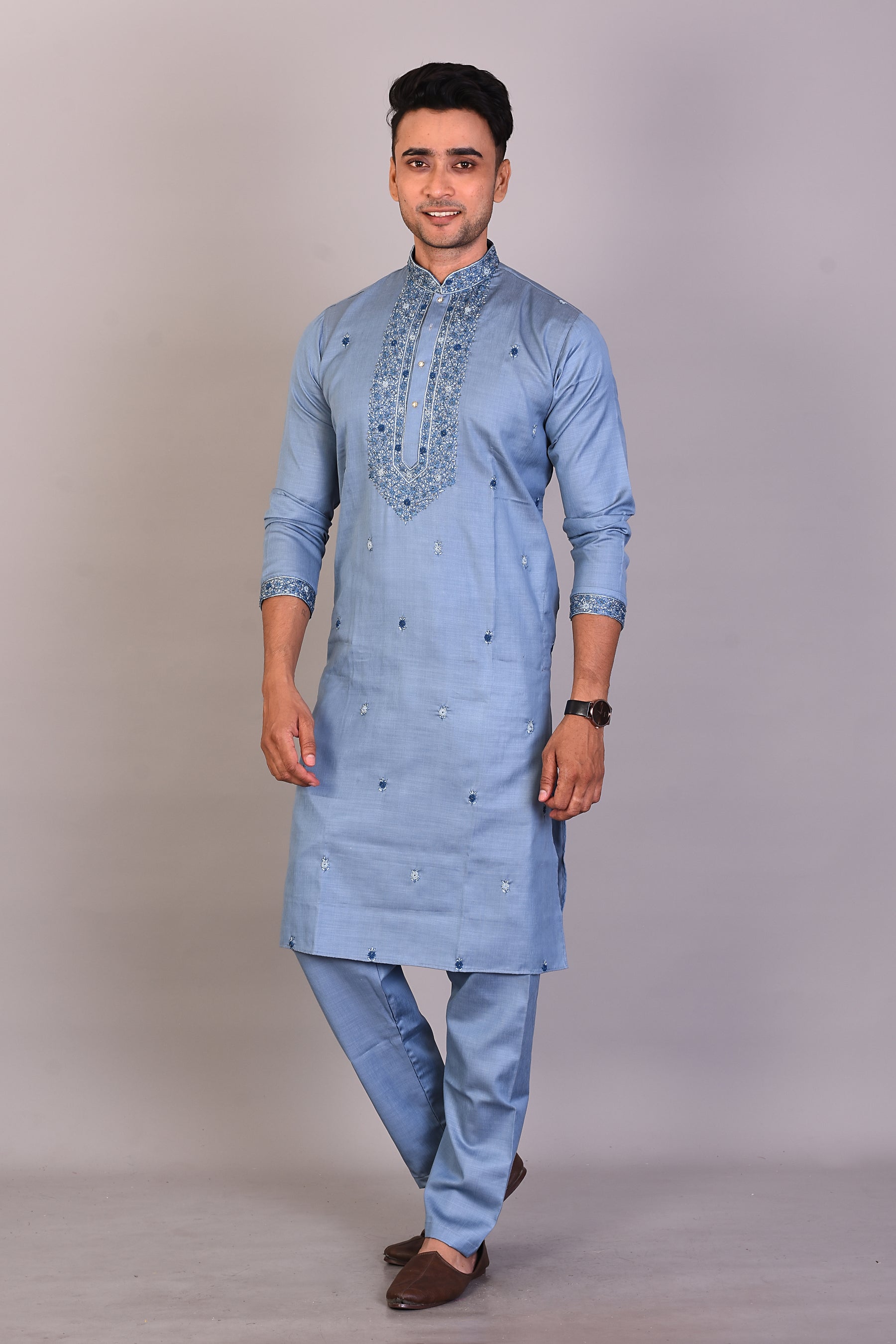 Long Light Blue Silk Kurta with Full Sleeves - Keya Seth Exclusive
