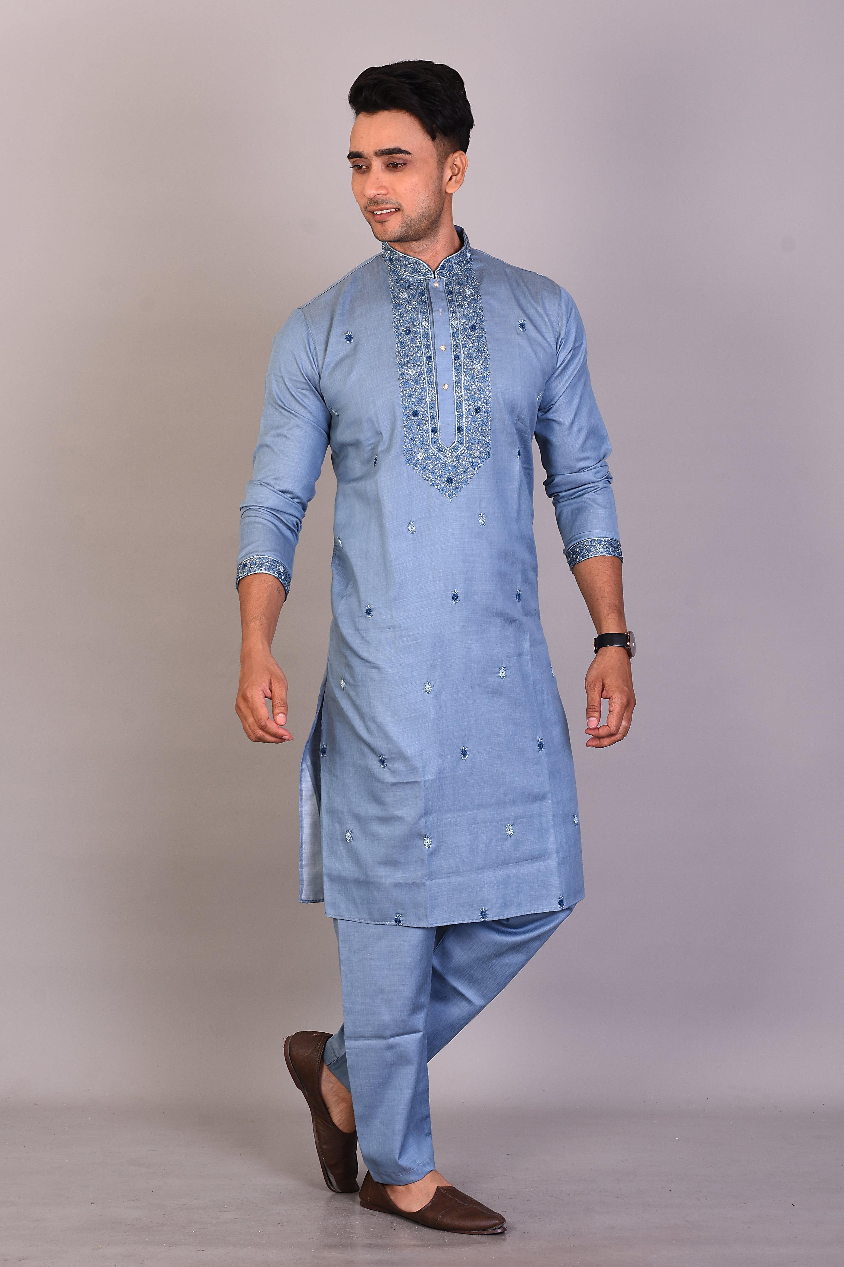 Long Light Blue Silk Kurta with Full Sleeves - Keya Seth Exclusive