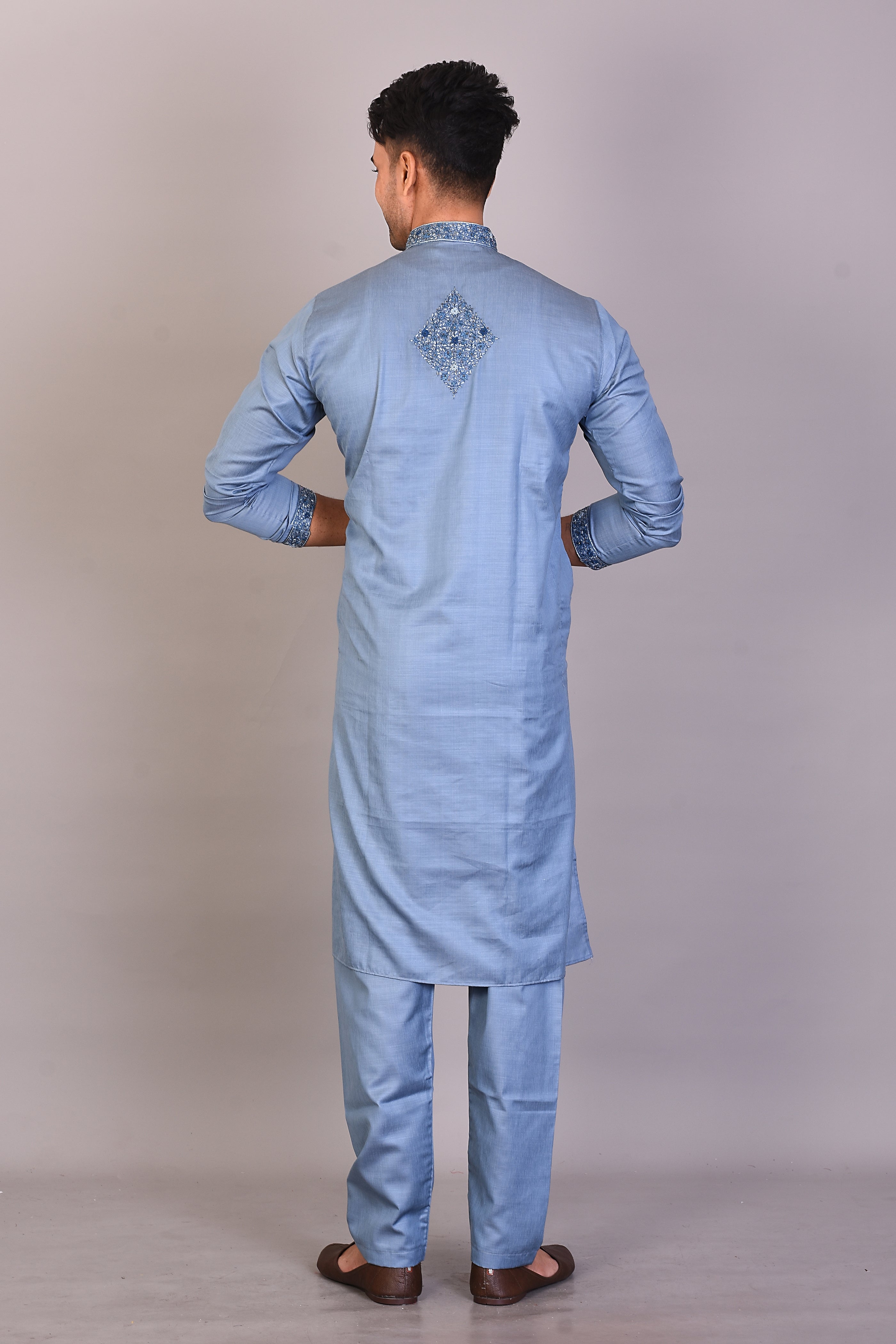 Long Light Blue Silk Kurta with Full Sleeves - Keya Seth Exclusive
