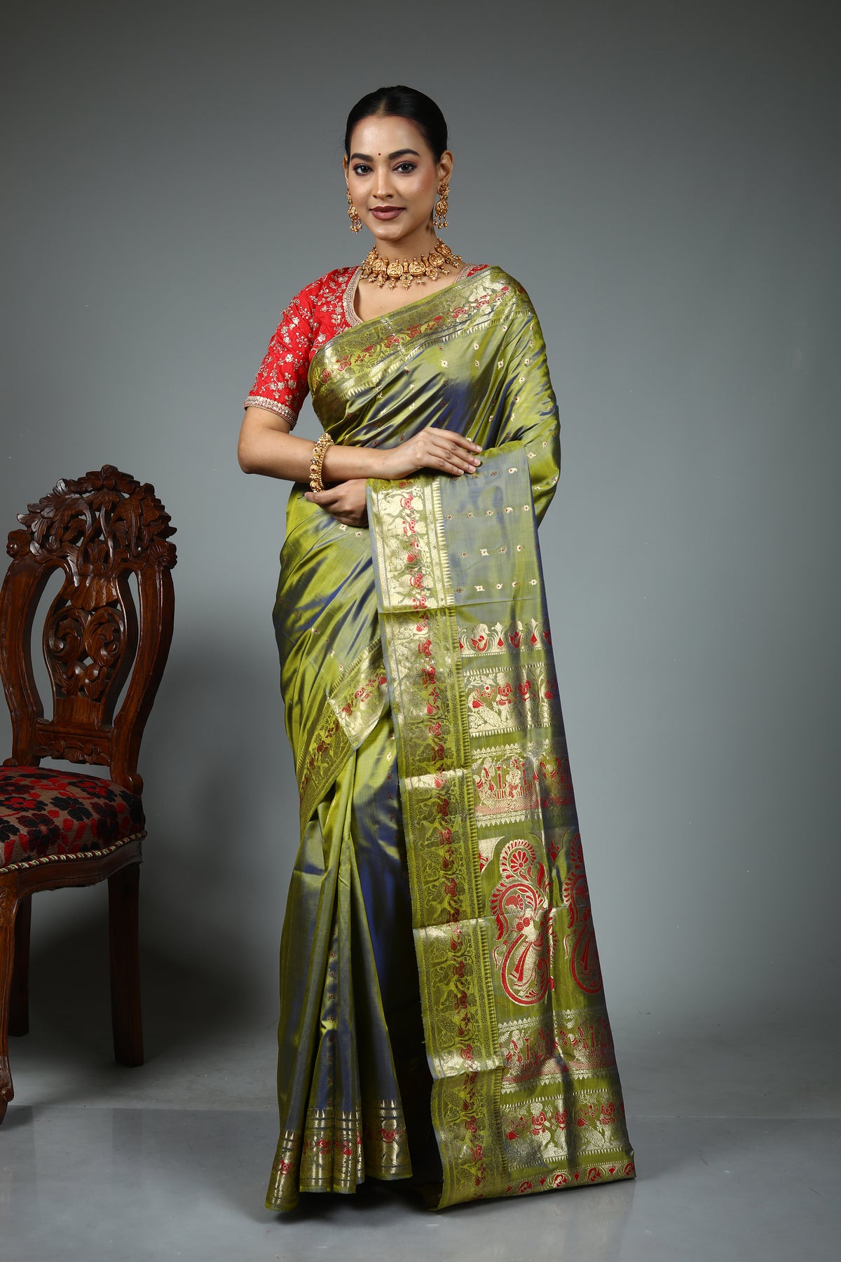 Olive Green Baluchari Saree