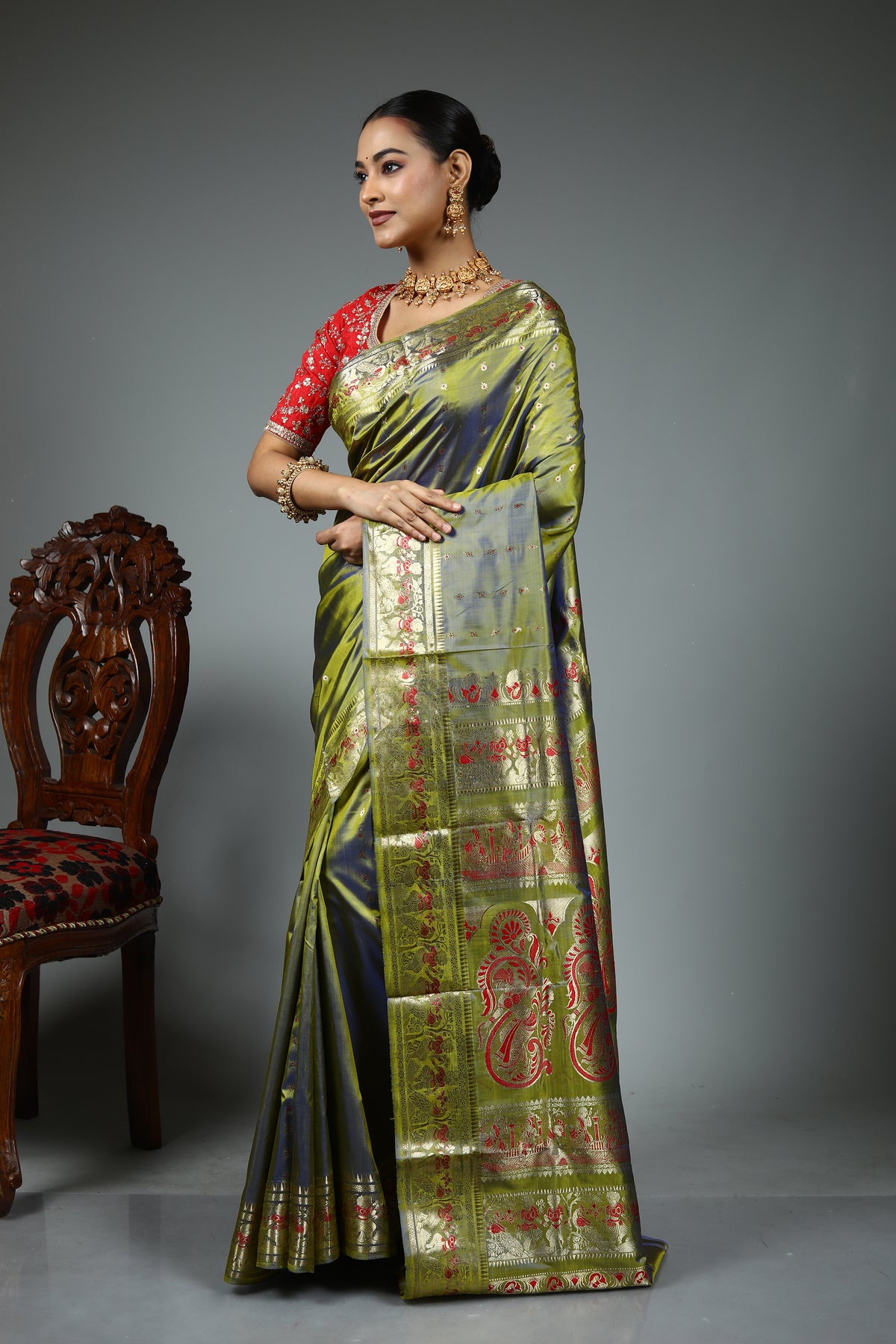 Olive Green Baluchari Saree