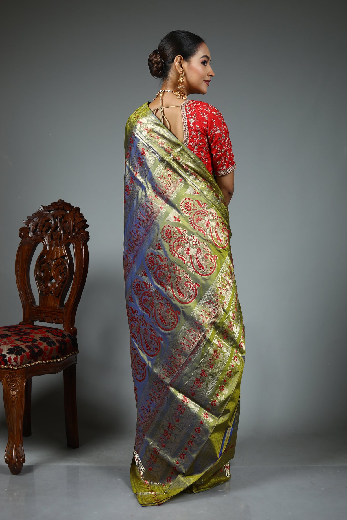 Olive Green Baluchari Saree