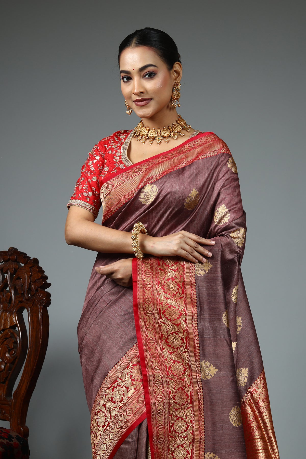 Brown Pure Tussar Banarasi Saree