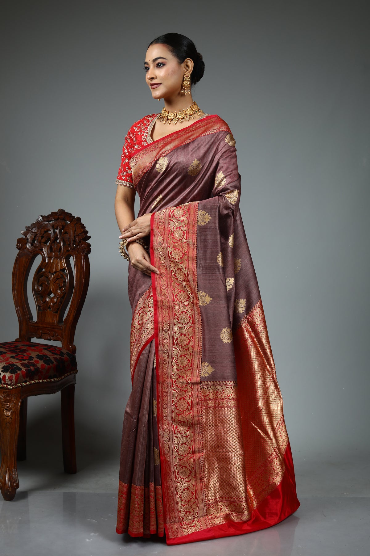Brown Pure Tussar Banarasi Saree