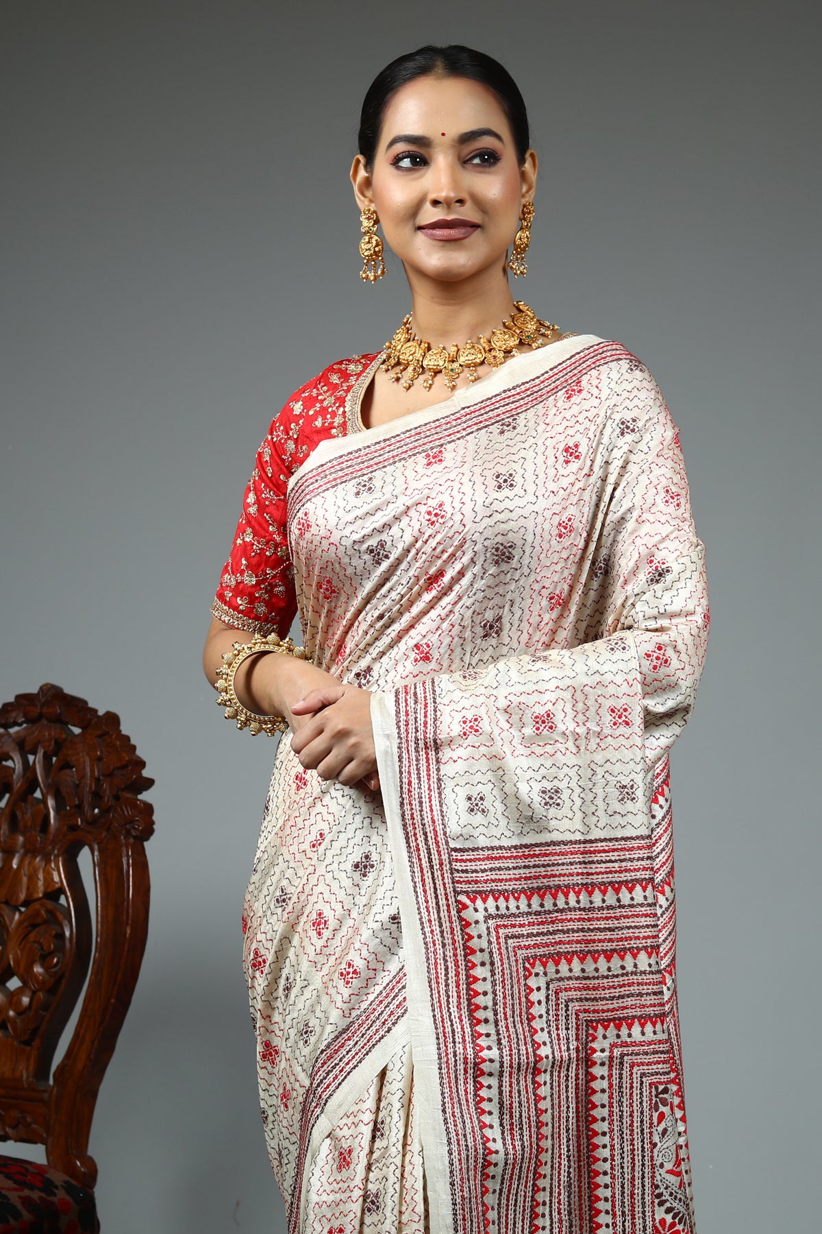 Beige Kantha Stitch Saree