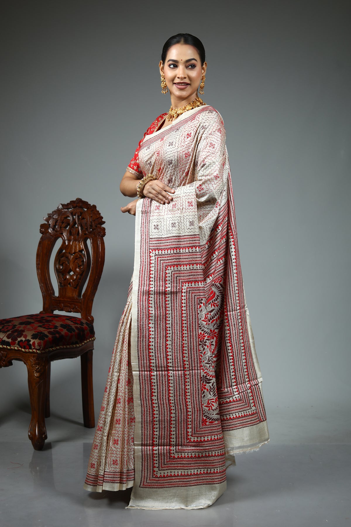 Beige Kantha Stitch Saree