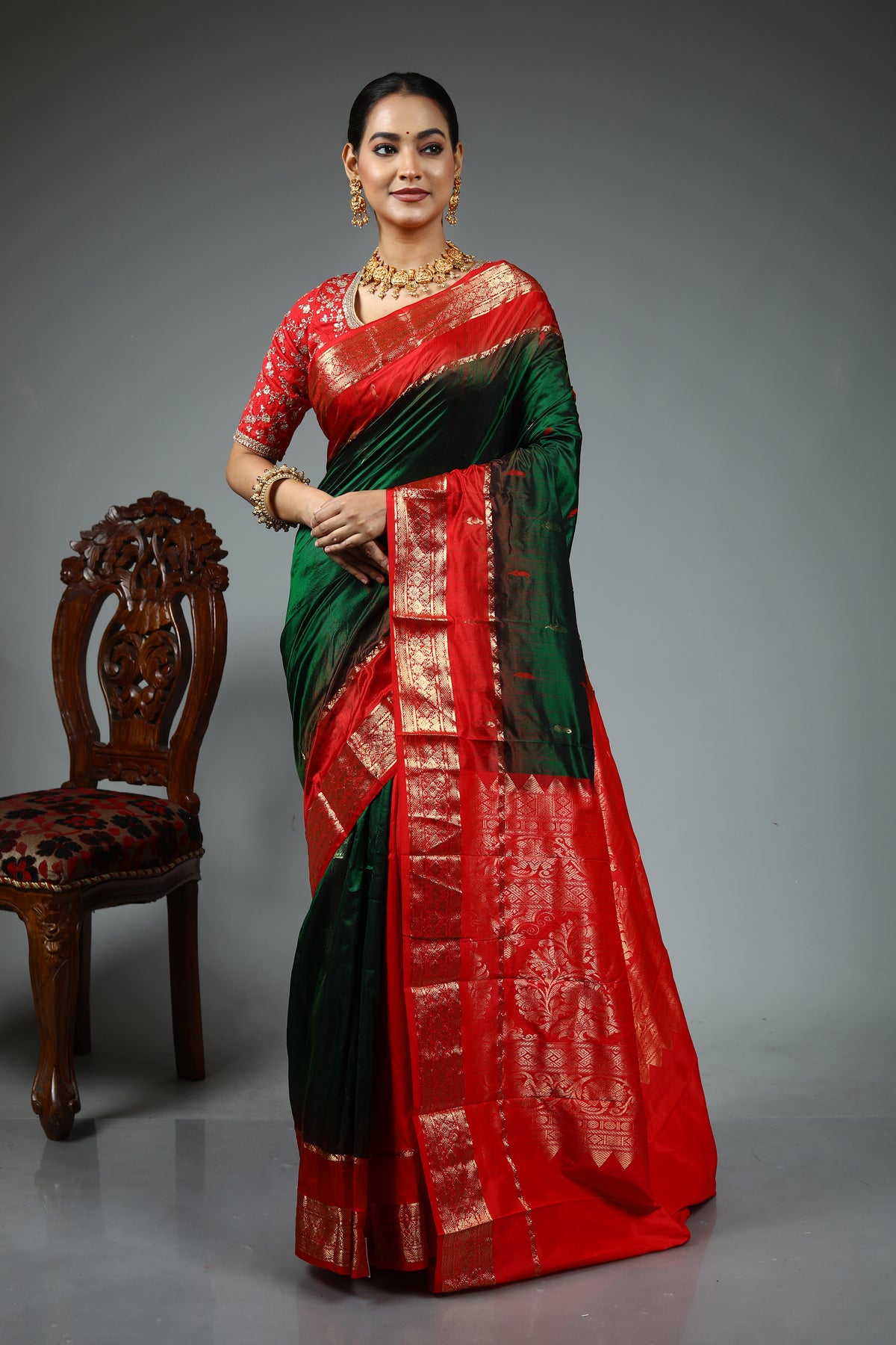 Bottle Green Pure Kanjivaram Silk Saree