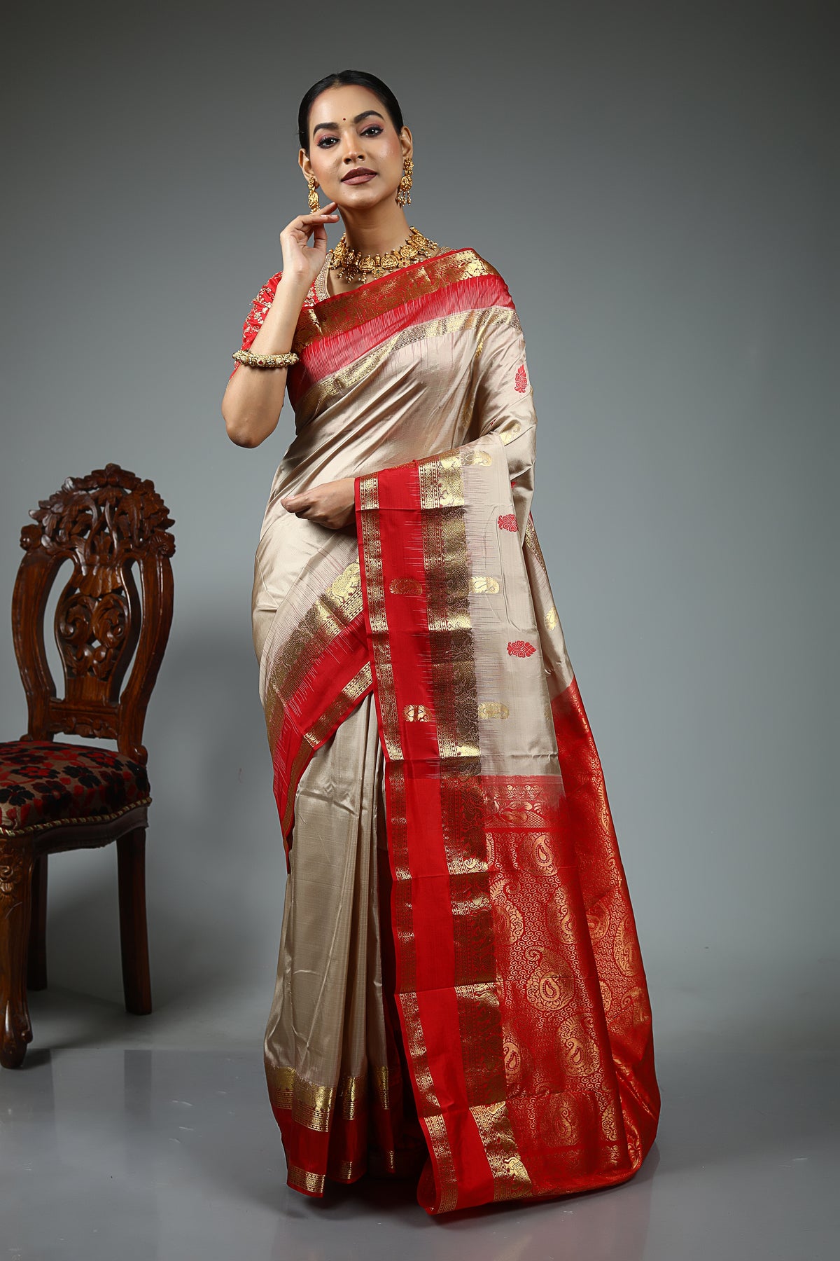 Beige Pure Kanjivaram Silk Saree