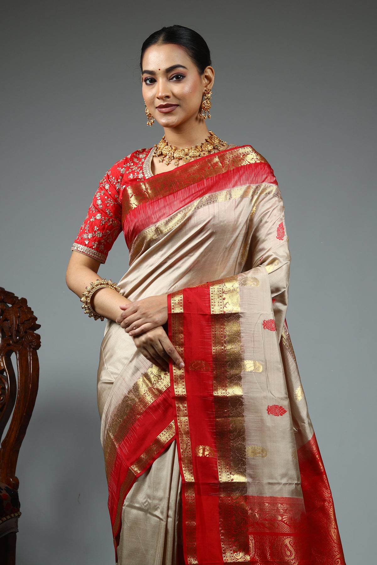 Beige Pure Kanjivaram Silk Saree
