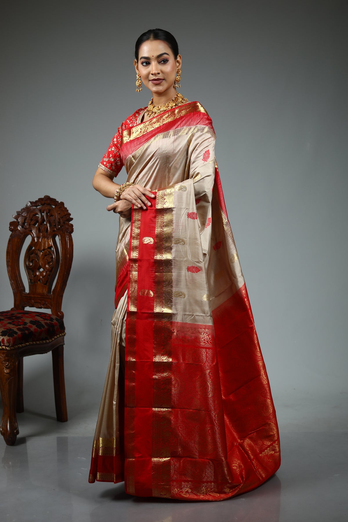 Beige Pure Kanjivaram Silk Saree