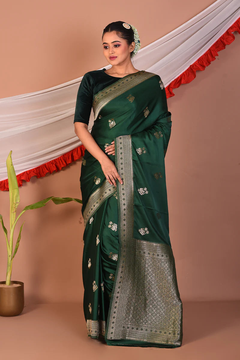 Bottle Green Blended Mashru Silk Saree - Keya Seth Exclusive