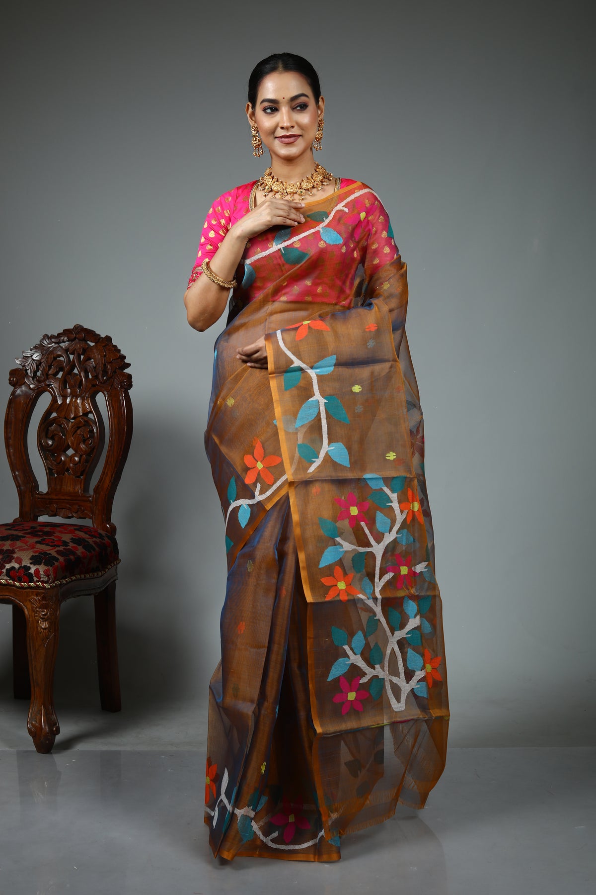 Brown Muslin Saree