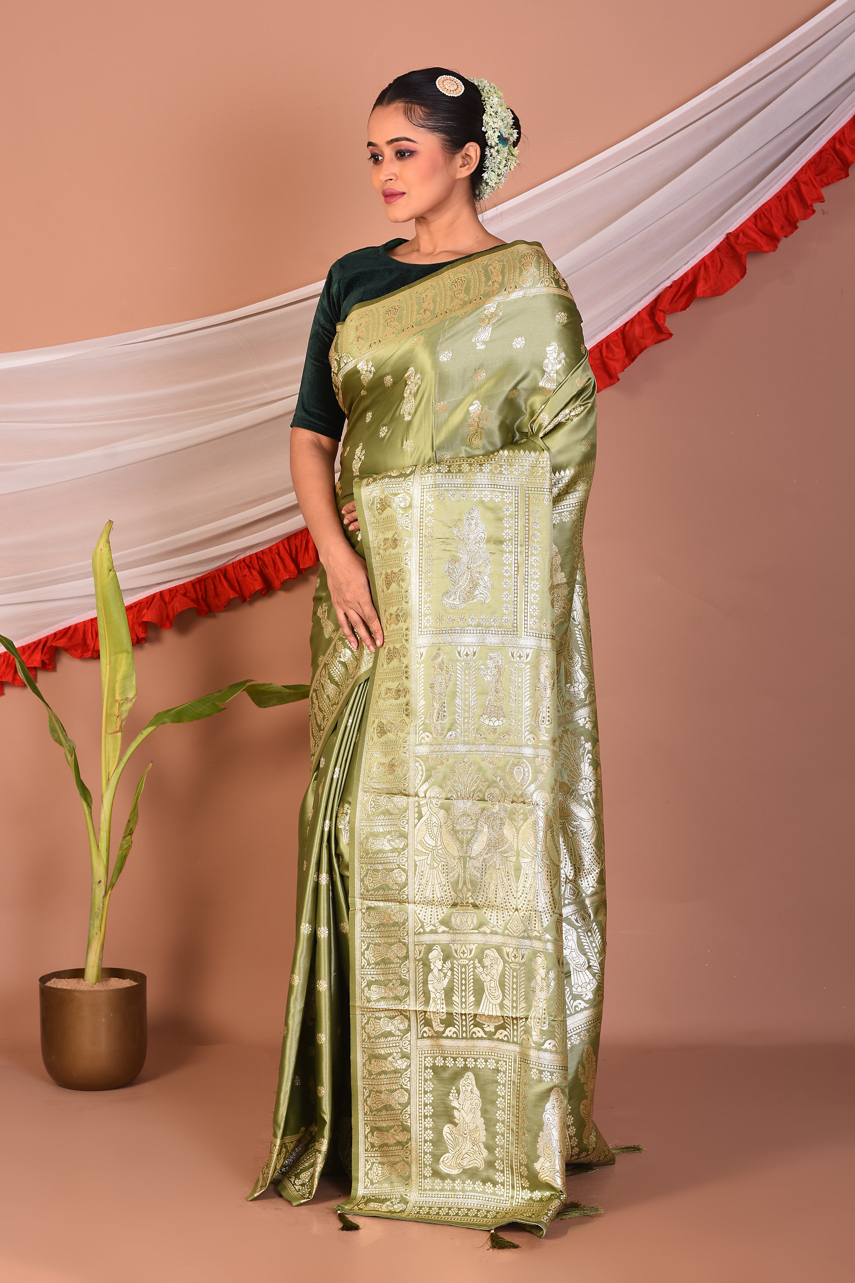 Green Blended Satin Silk Saree - Keya Seth Exclusive