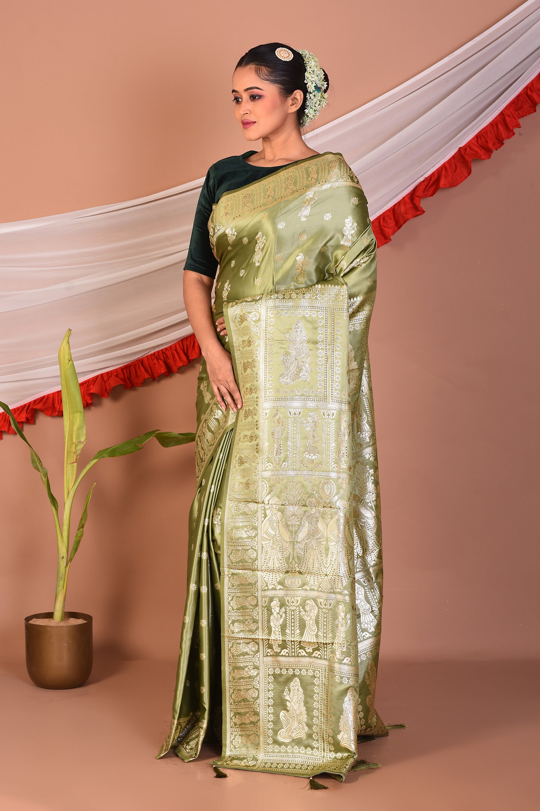 Green Blended Satin Silk Saree - Keya Seth Exclusive