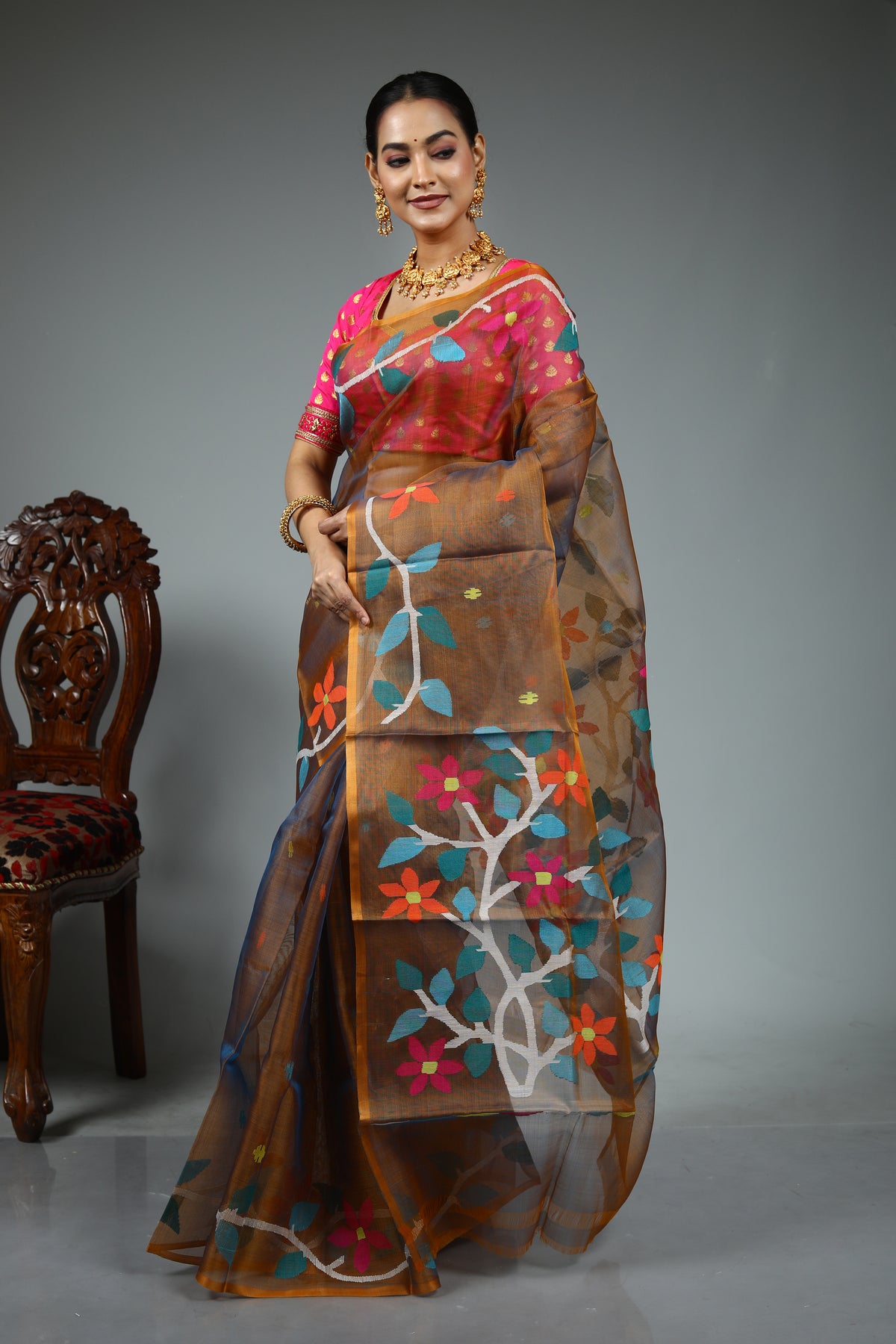 Brown Muslin Saree