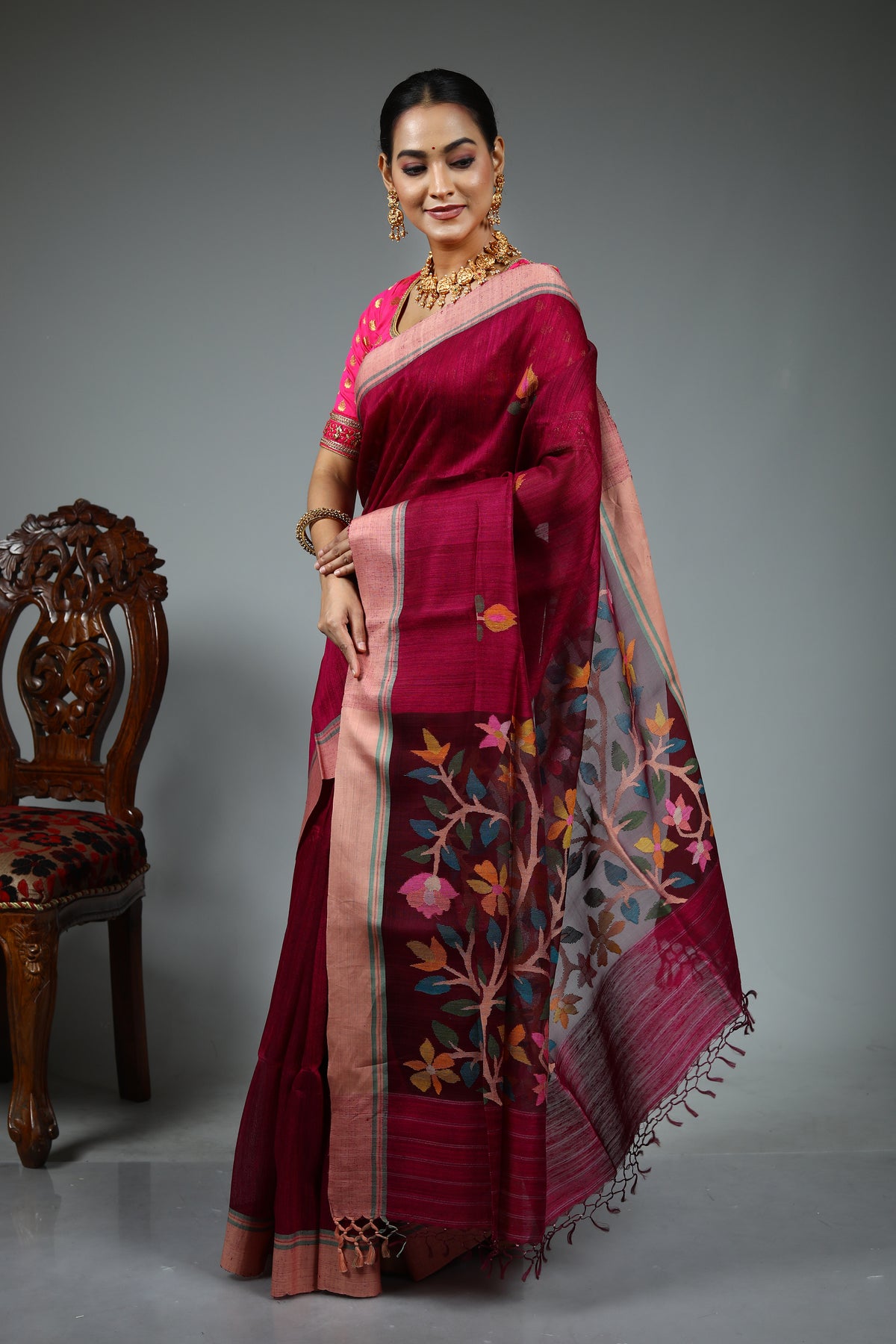 Magenta Tussar Saree