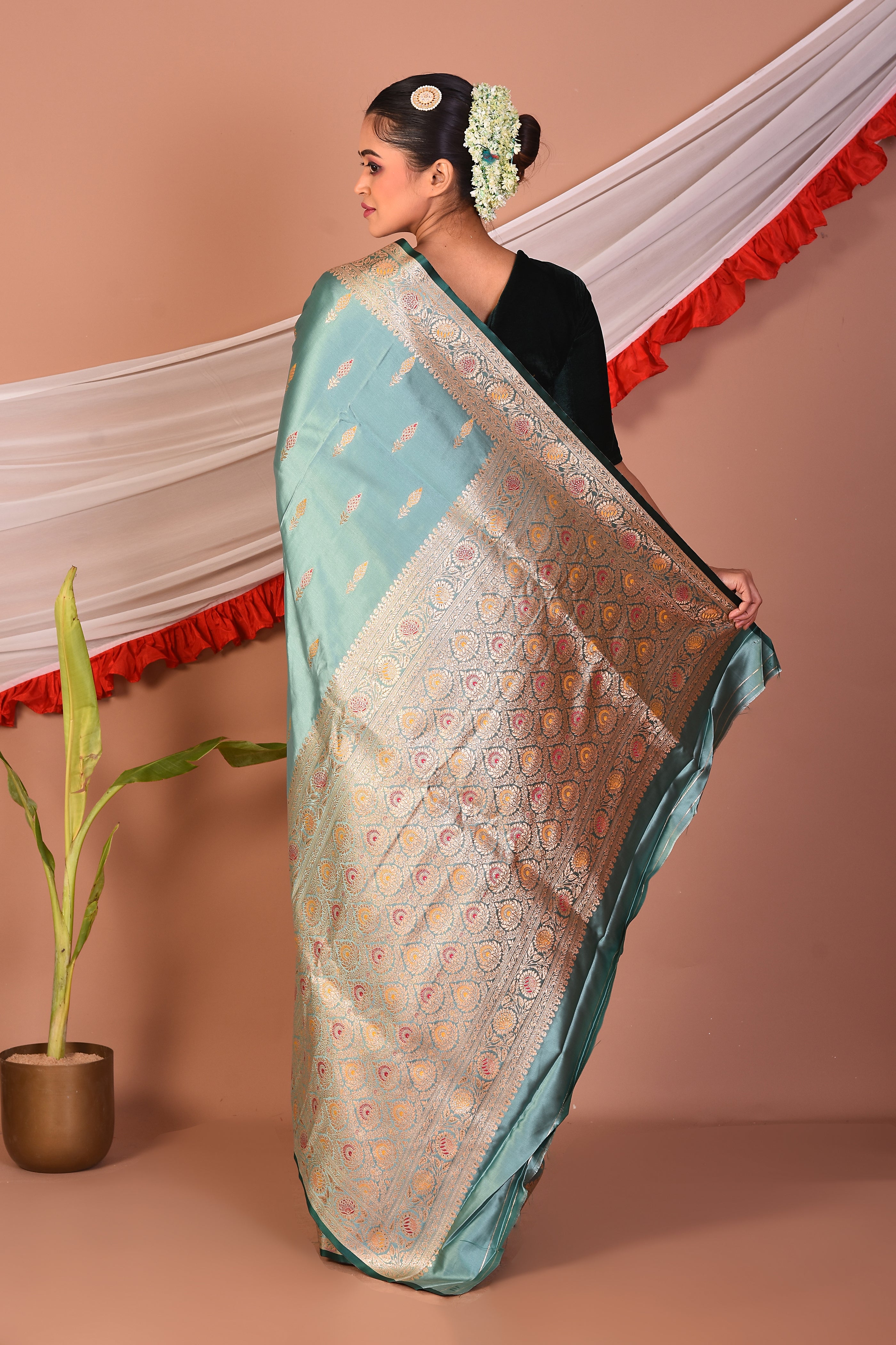 Sea Green Blended Mashru Silk Saree - Keya Seth Exclusive