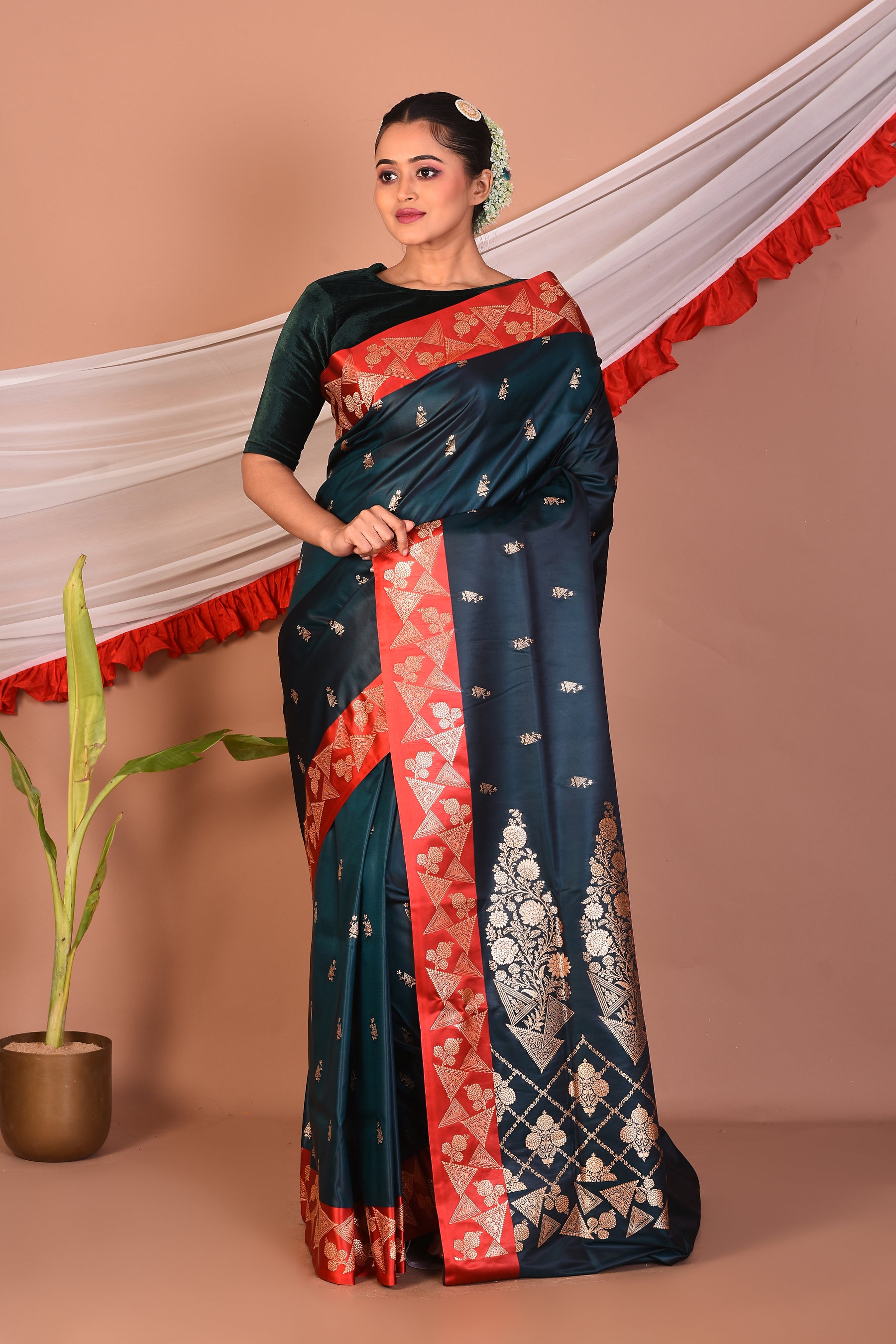 Dark Green Blended Mashru Silk Saree - Keya Seth Exclusive