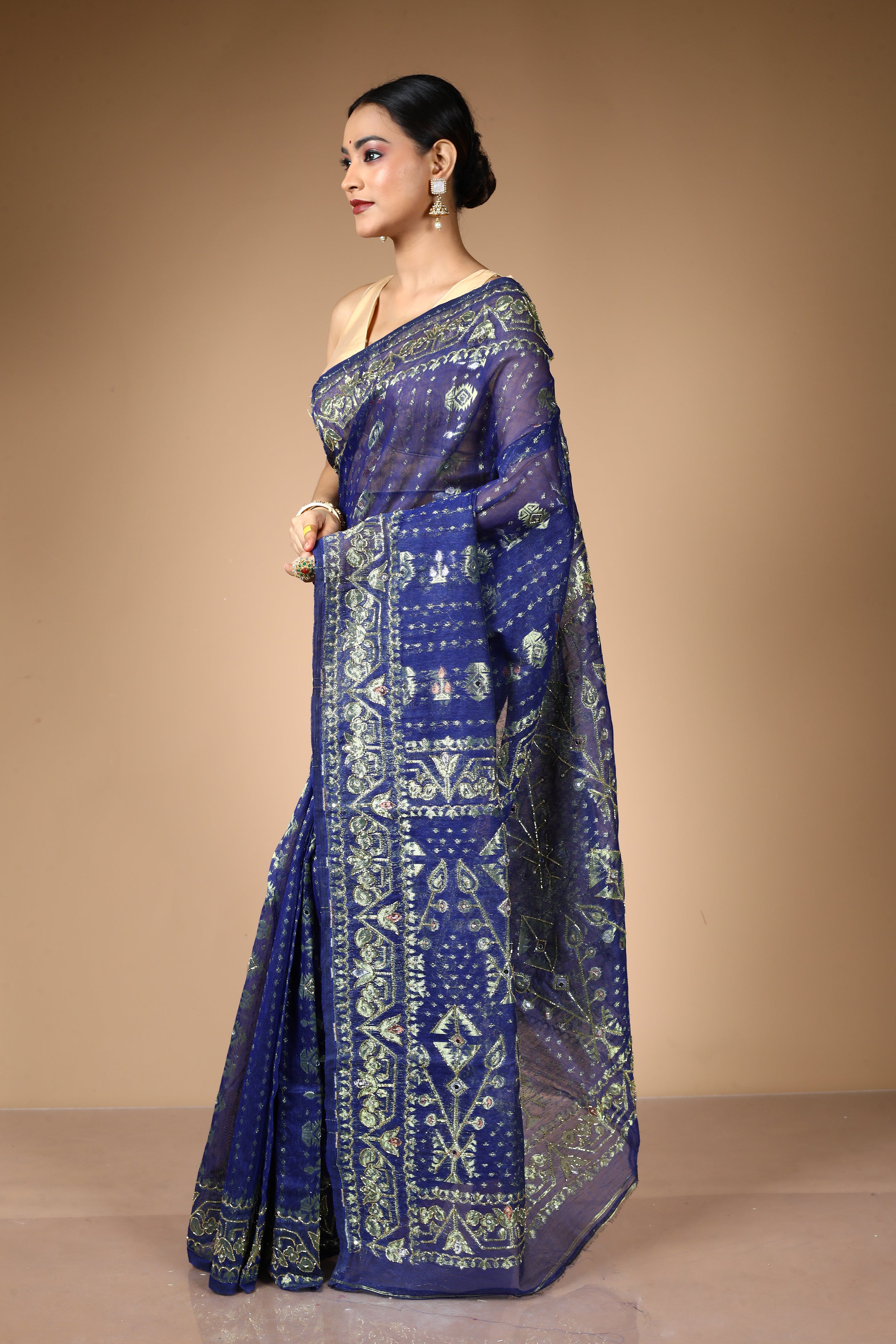 Blue Jamdani Saree with Cutdana Work