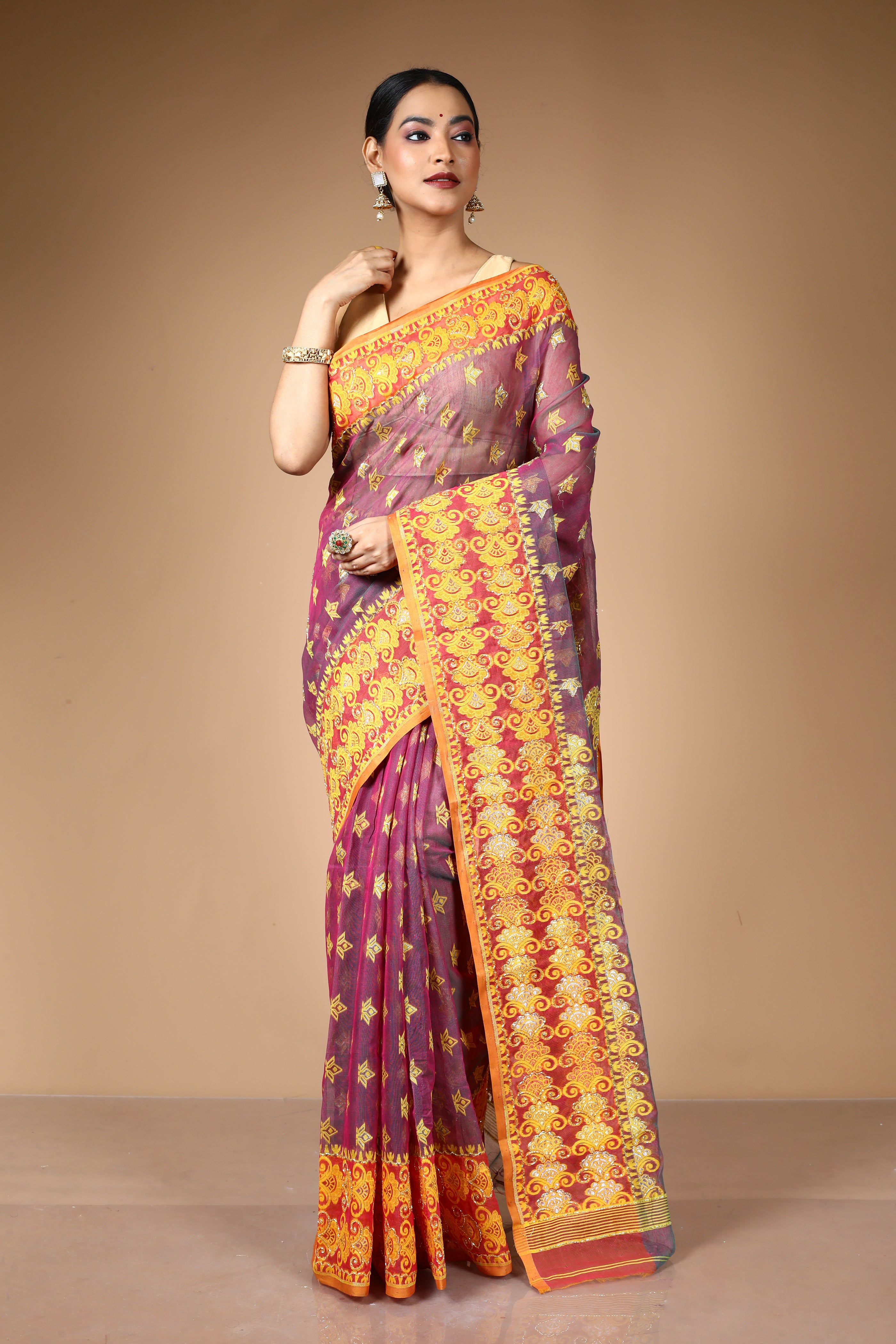 Mauve Jamdani Saree with Cutdana Work
