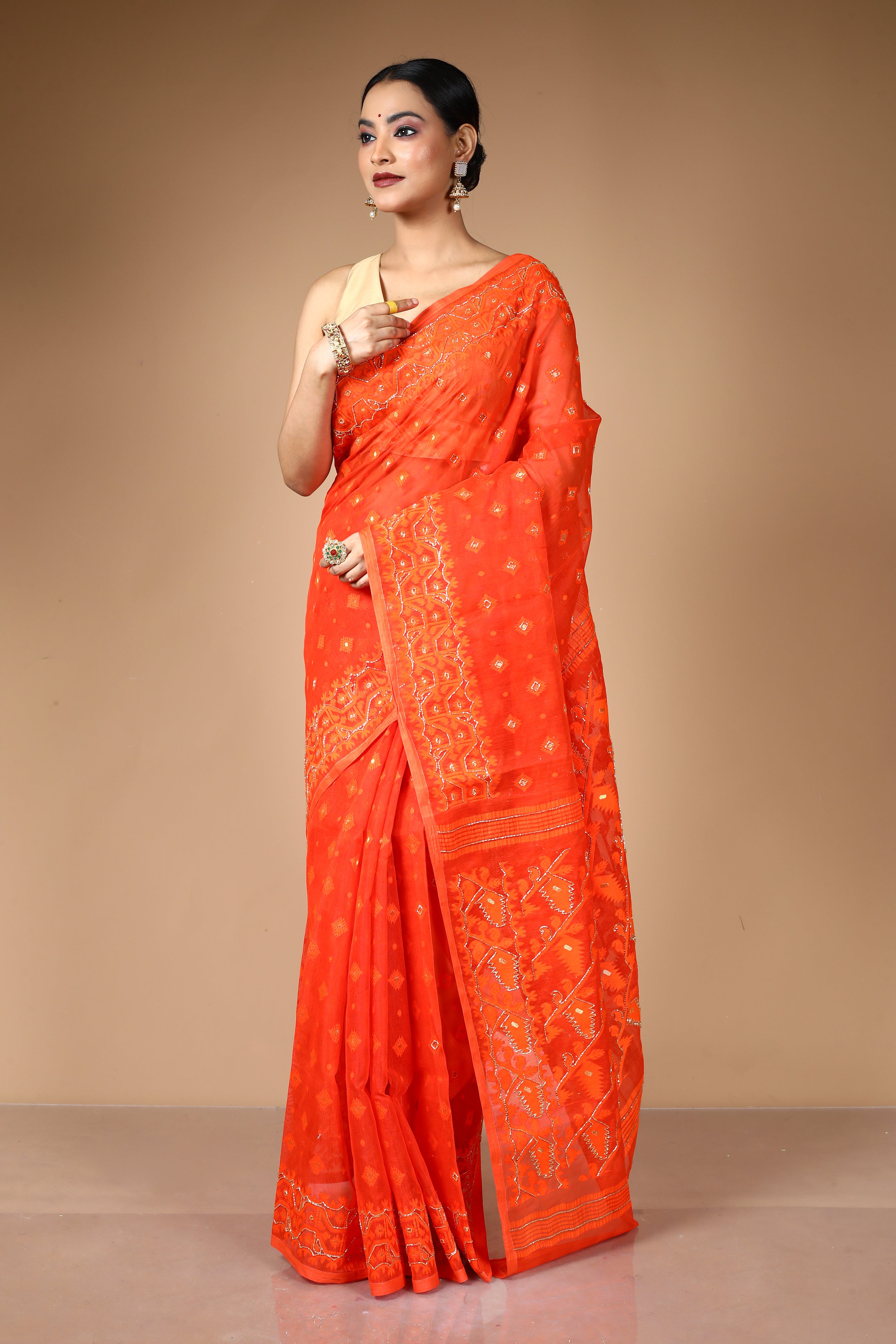 Orange Jamdani Saree with Cutdana Work