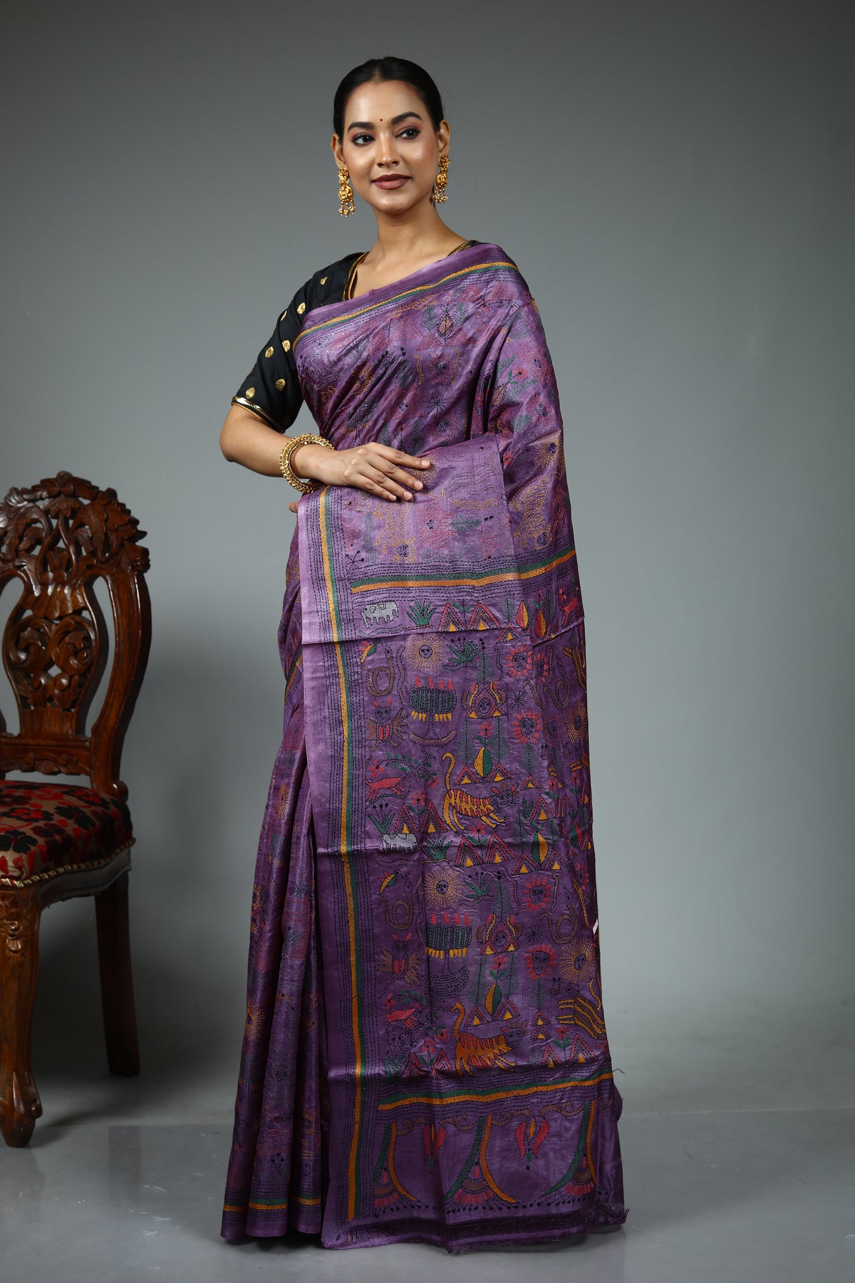 Mauve Kantha Stitch Saree