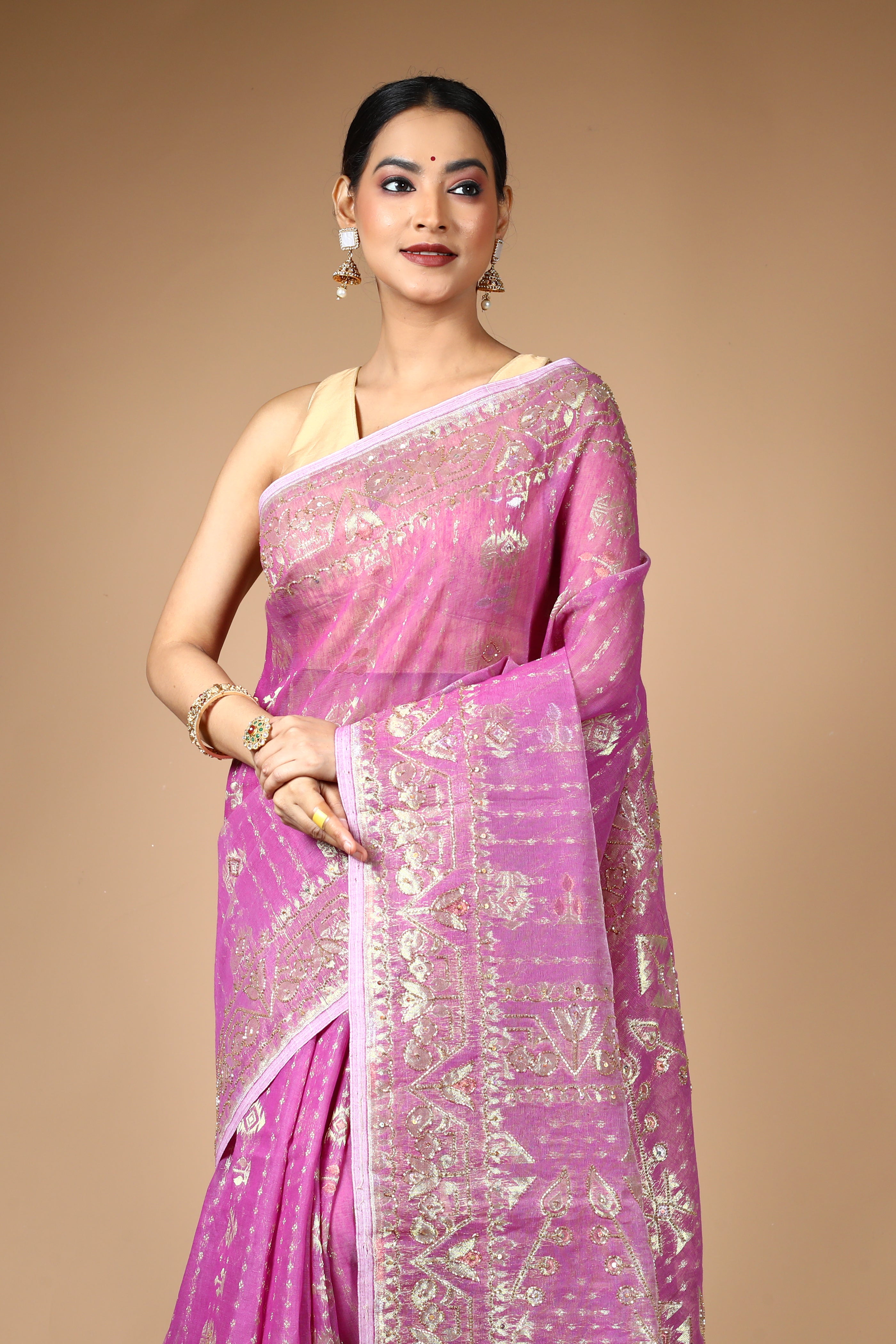 Light Purple Jamdani Saree with Cutdana Work